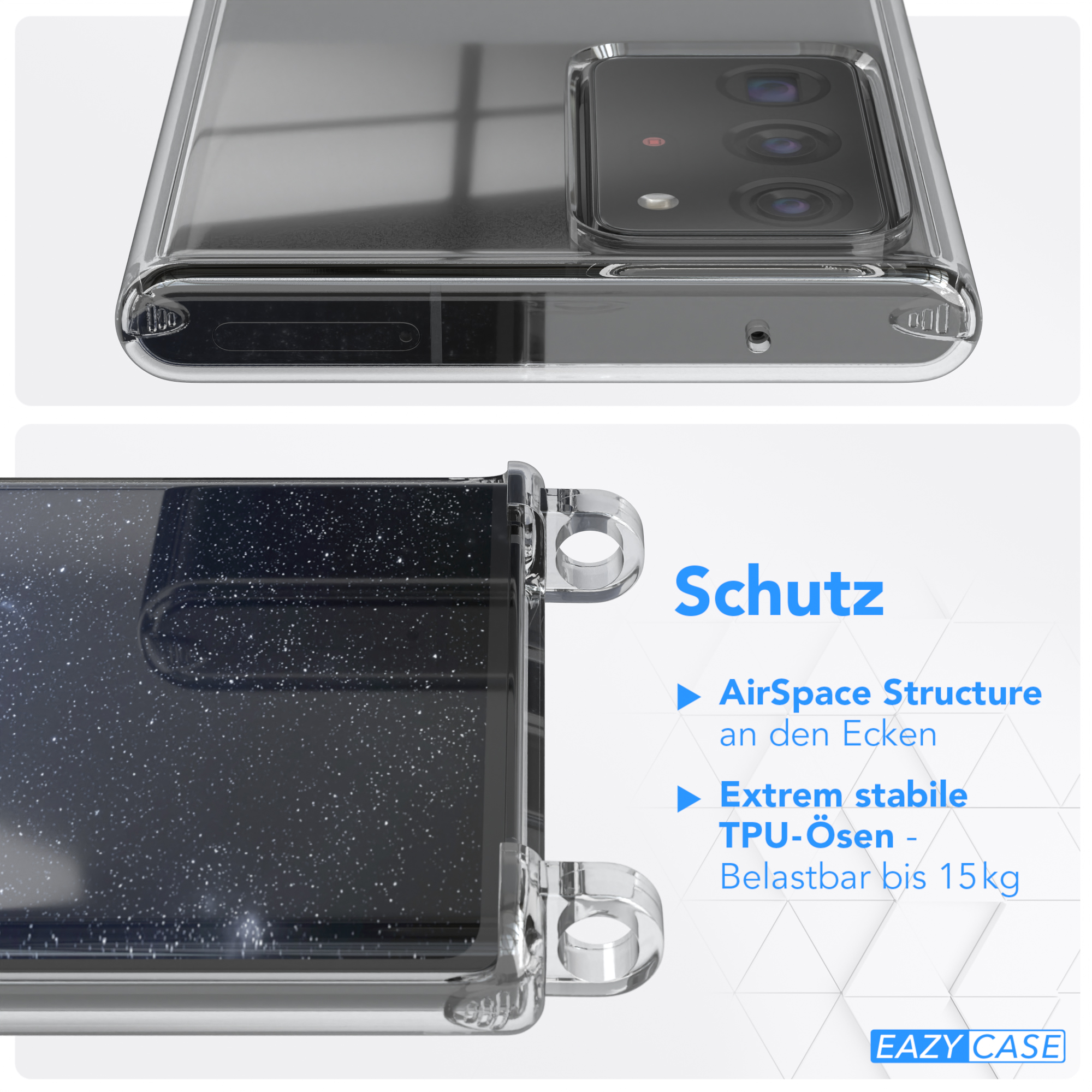 Eine klare Handyhülle mit einem Telefon im Inneren, die die Eigenschaften und das Design zeigt.