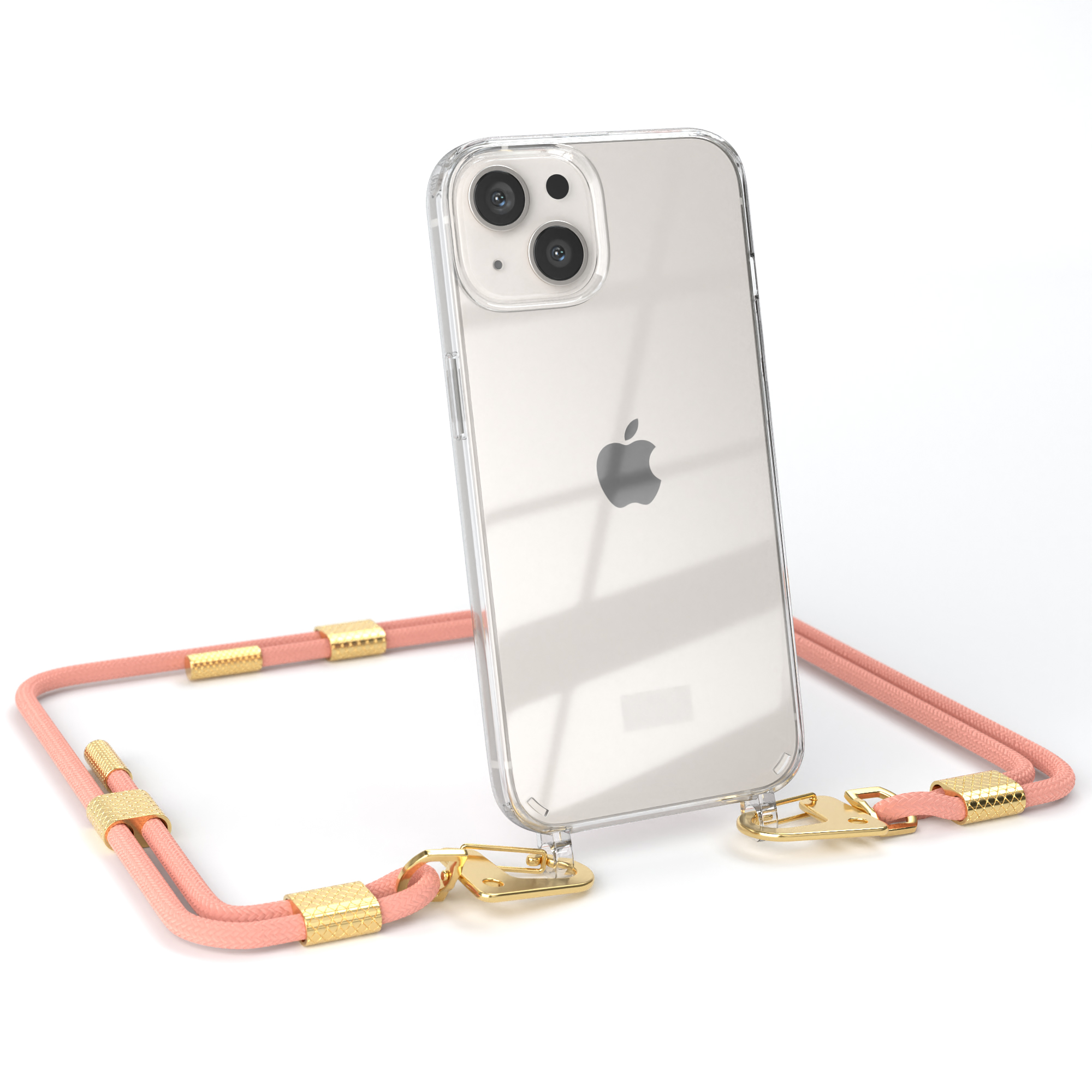 Transparente Handyhülle mit rosa Riemen, der an einem iPhone befestigt ist. Goldene Verschlüsse sichern den Riemen.