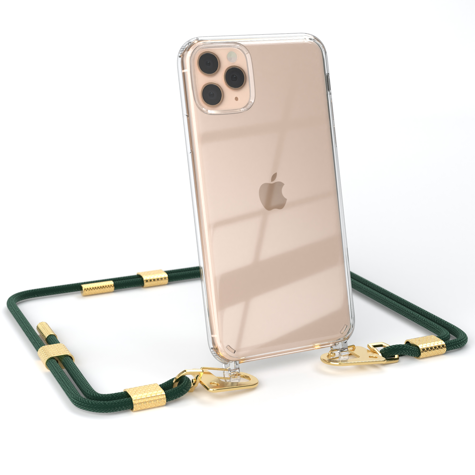 Transparente Handyhülle mit goldenem Telefon. Grünes Schlüsselband. Weißer Hintergrund.