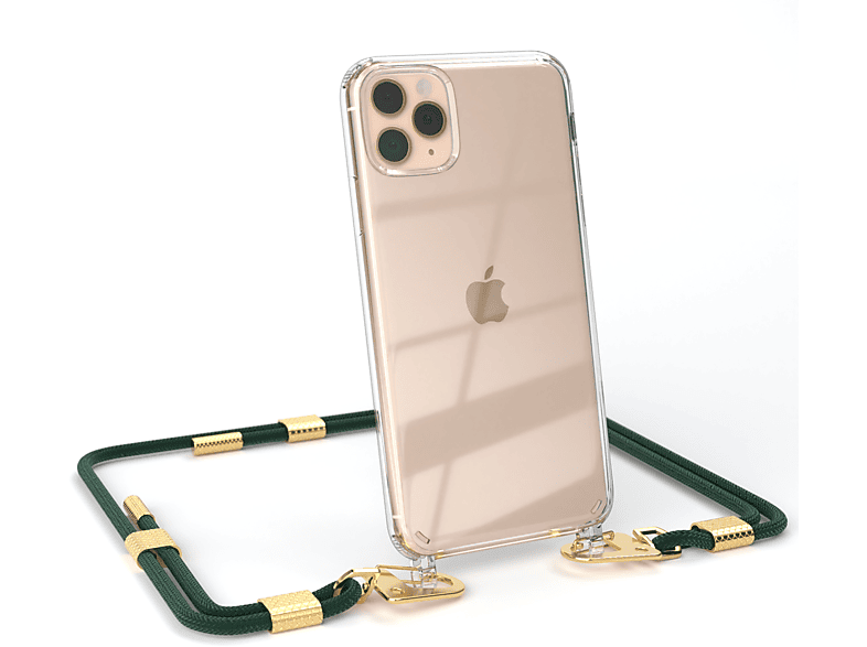 EAZY CASE Transparente Handyhülle mit runder Kordel Umhängetasche, Gold + Apple, / iPhone Nachtgrün Karabiner, 11 Max, Pro