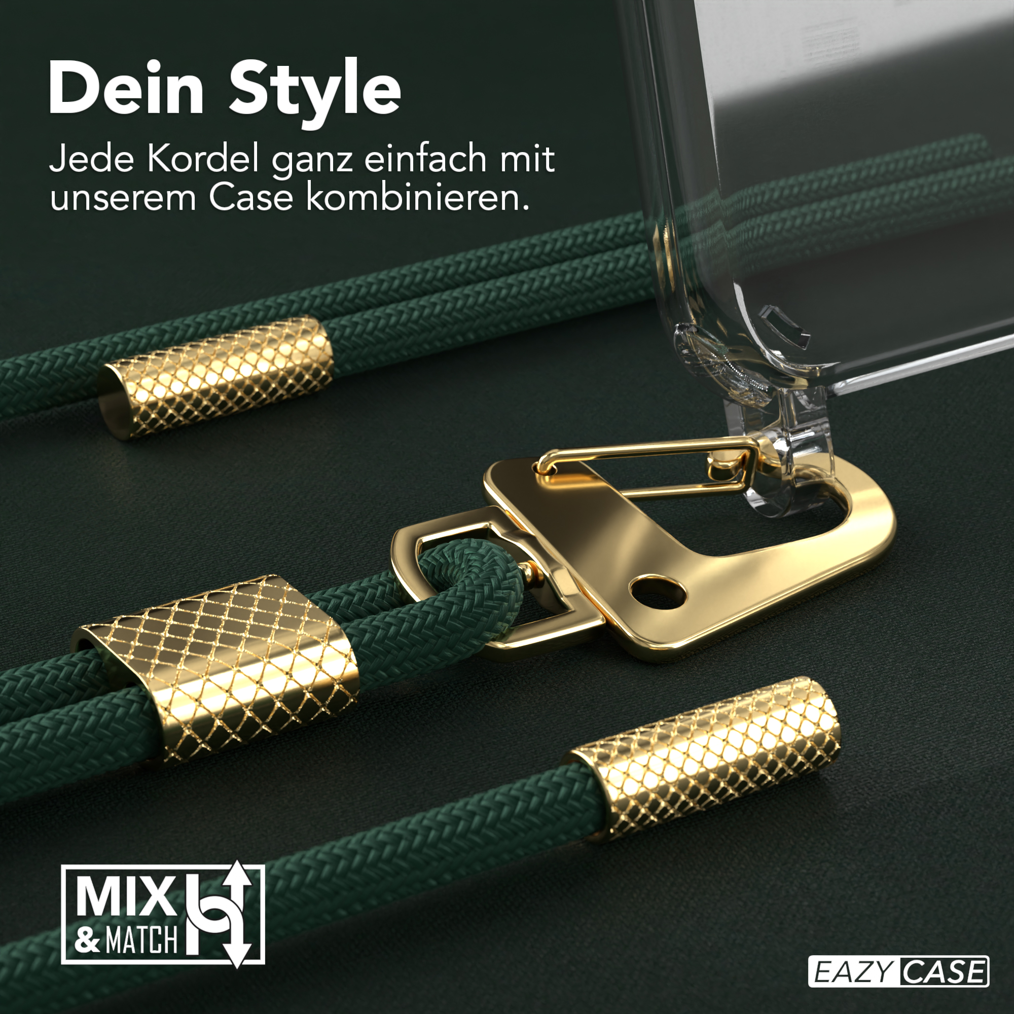 Nahaufnahme einer grünen Handykordel mit goldenen Akzenten. Text: Dein Style. Goldene und grüne Kordel mit goldenen Verschlüssen.