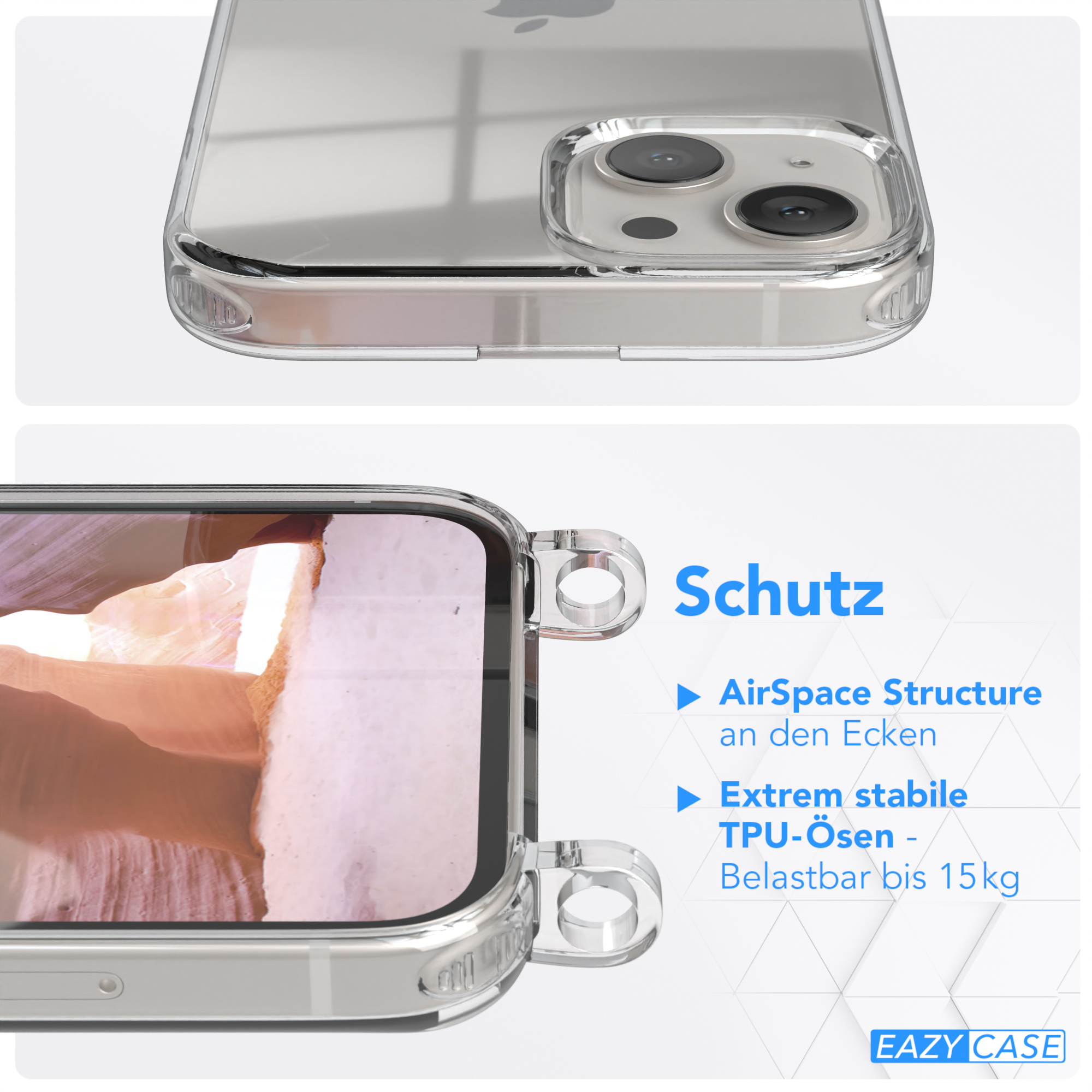 Nahaufnahme einer durchsichtigen Handyhülle mit Ösen. Text: Schutz. AirSpace Structure, Extrem stabile TPU-Ösen, Belastbar bis 15kg.
