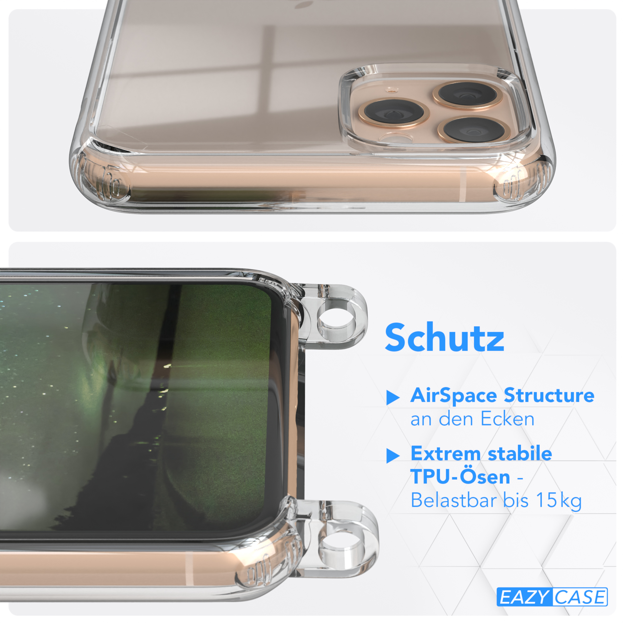 EAZY CASE / Kordel Transparente Handyhülle Max, mit Umhängetasche, 11 Karabiner, Apple, iPhone Gold Nachtgrün runder Pro +