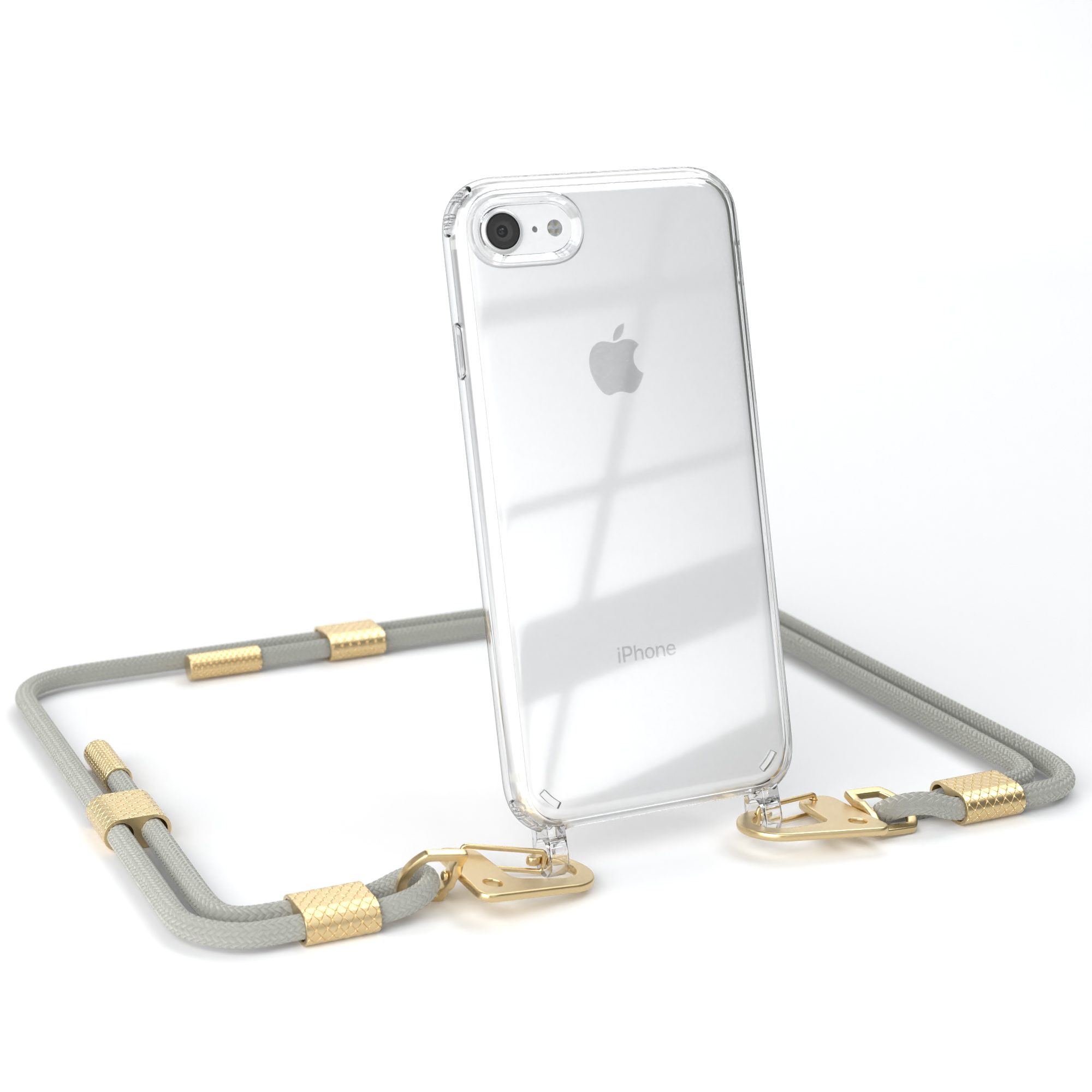 Transparente Handyhülle mit grauem Umhängeband. Das Telefon hat ein Apple-Logo.
