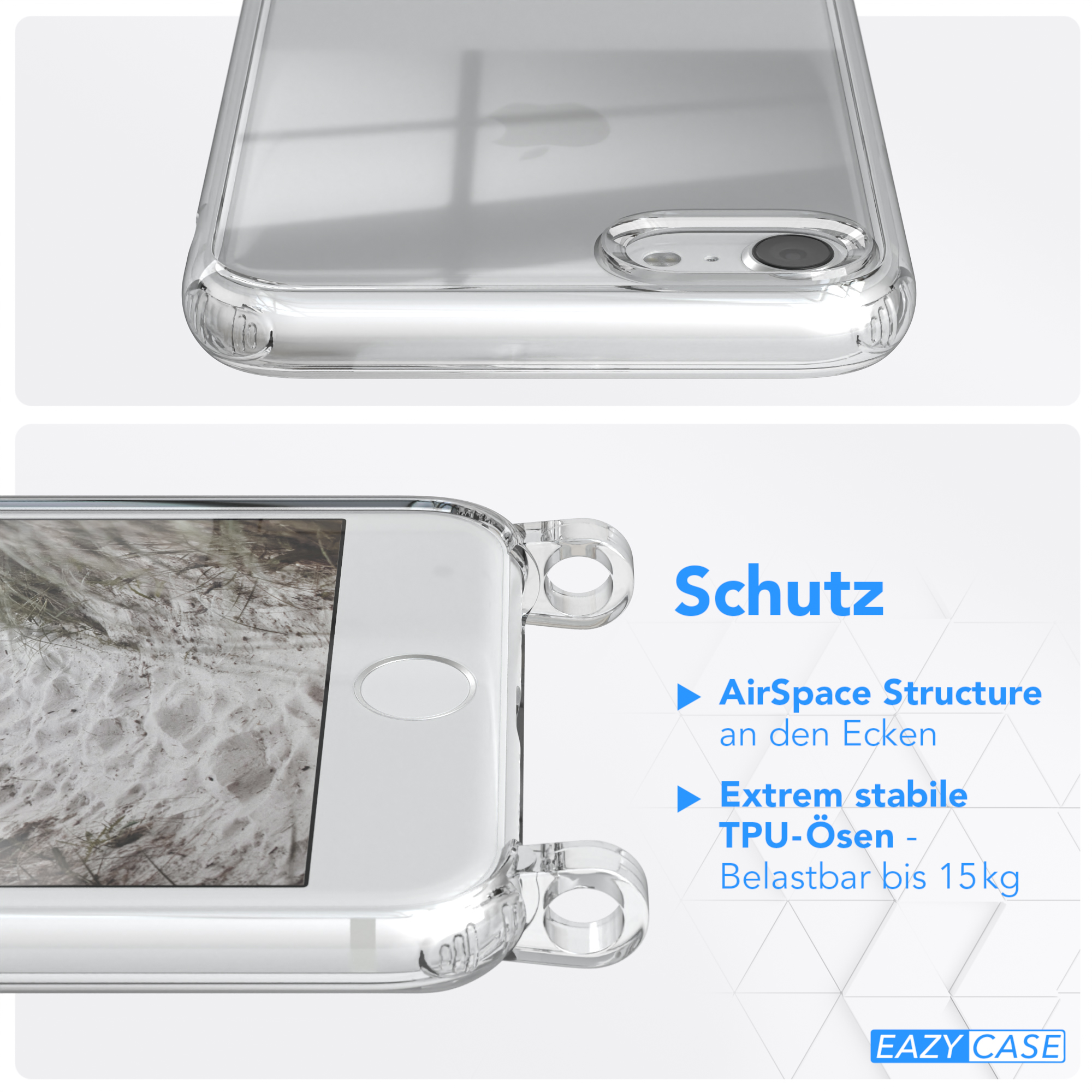 Telefon in klarer Hülle, mit AirSpace-Struktur und TPU-Ösen zum Schutz.