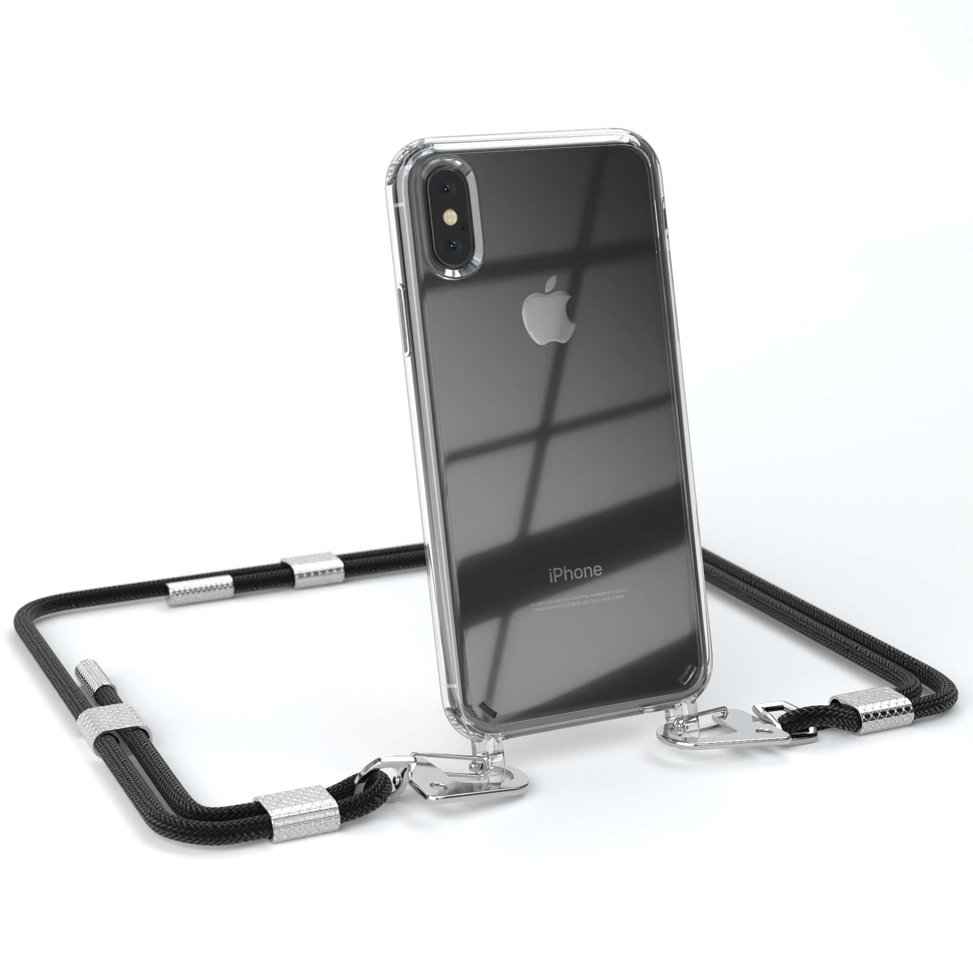 Transparente Handyhülle mit einem Telefon an einer schwarz-silbernen Kordel. Das Telefon hat eine Kamera.