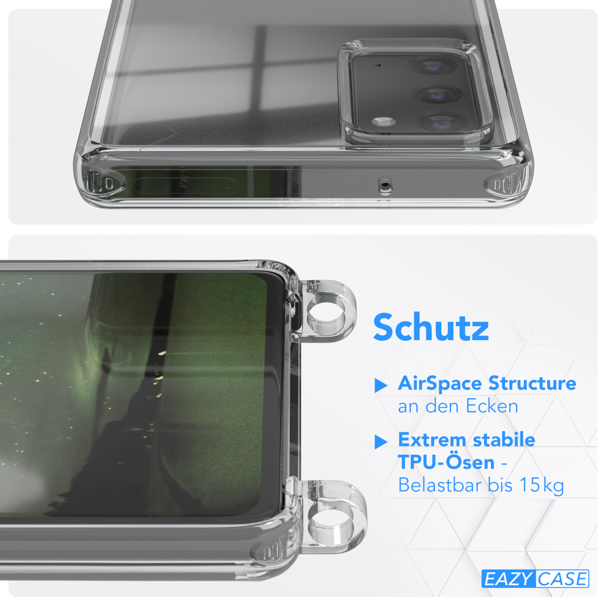 Nahaufnahme einer transparenten Handyhülle, Text 'Schutz', 'AirSpace Structure' und 'EAZY CASE' Logo.