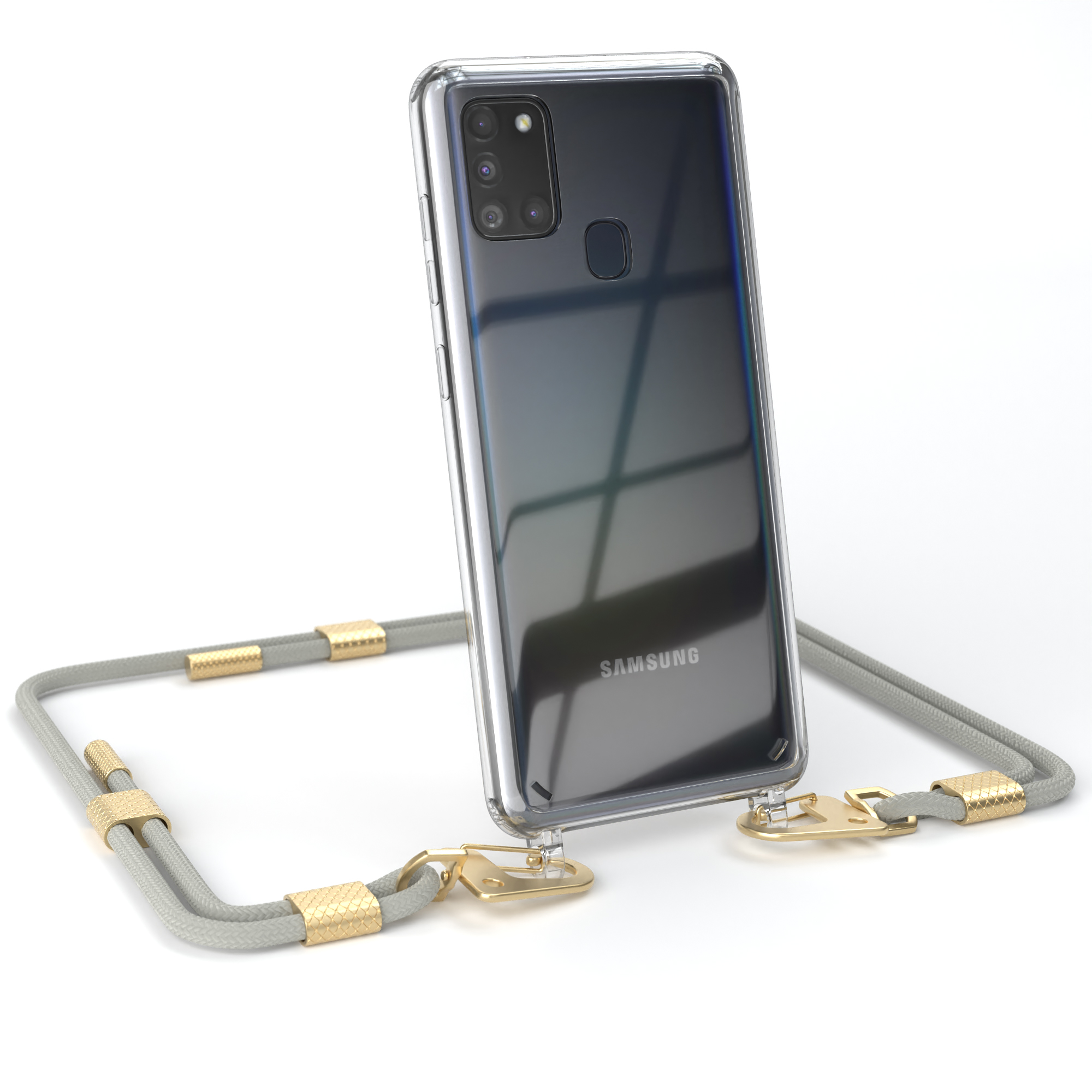 EAZY Kordel Galaxy + / Umhängetasche, runder Beige Karabiner, Handyhülle Gold Matt Samsung, mit A21s, CASE Transparente Taupe