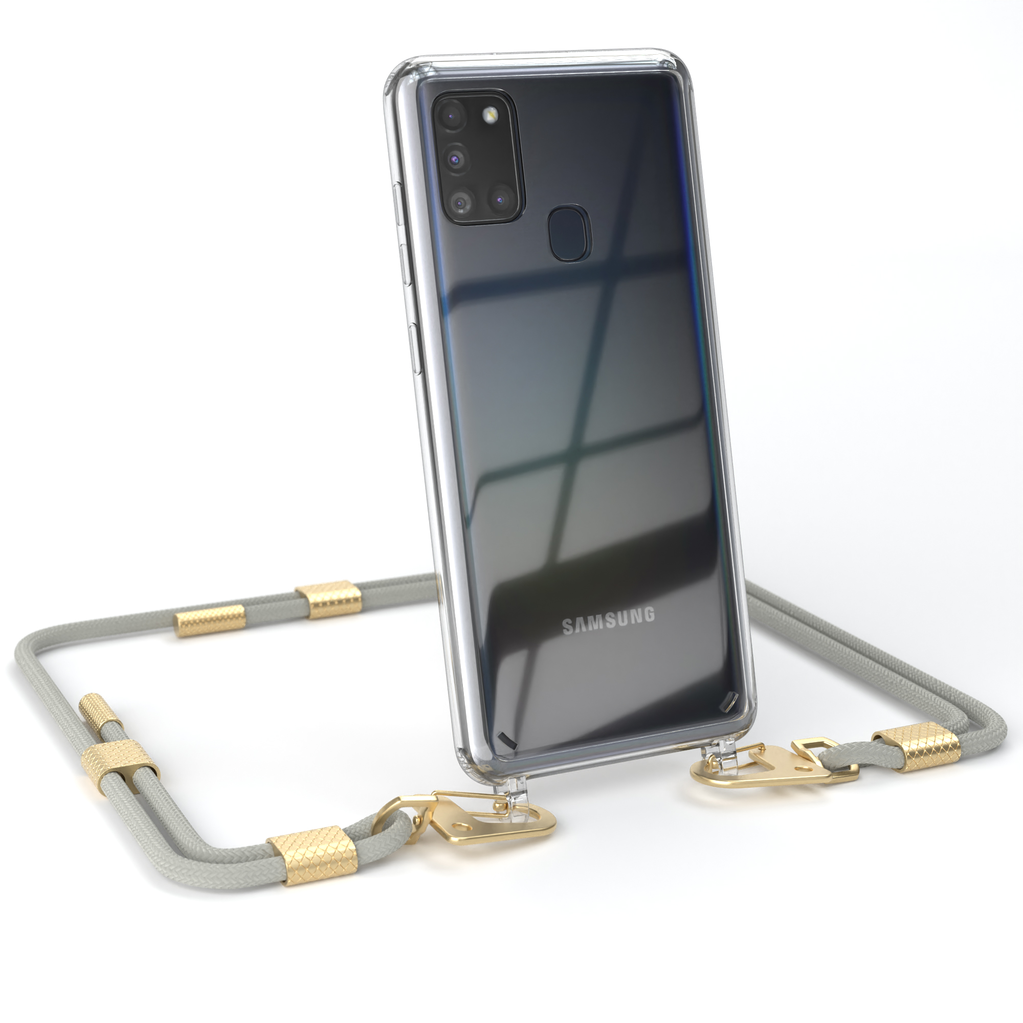 Transparente Handyhülle mit grauem Kabel und goldenen Details. Das Telefon ist schwarz.