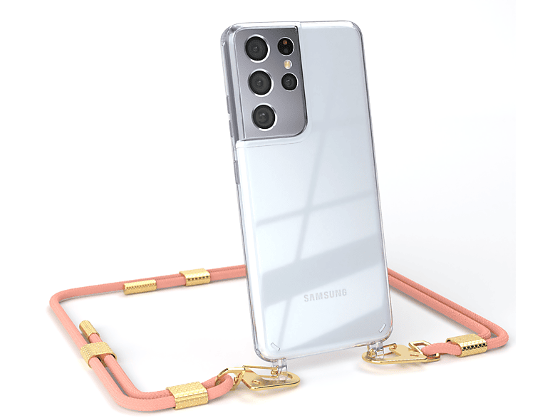 Ultra mit + Samsung, Umhängetasche, Transparente EAZY Gold Karabiner, S21 5G, Galaxy runder Handyhülle Altrosa Kordel / CASE