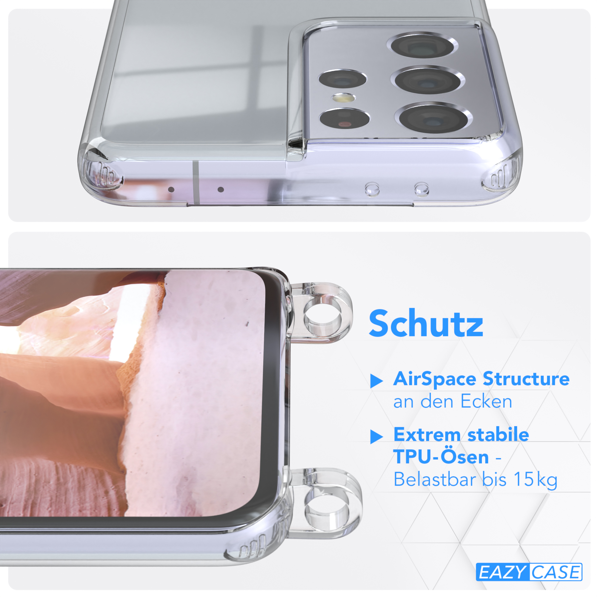EAZY CASE Transparente mit + Karabiner, / 5G, Kordel Ultra Samsung, Umhängetasche, runder S21 Handyhülle Gold Altrosa Galaxy