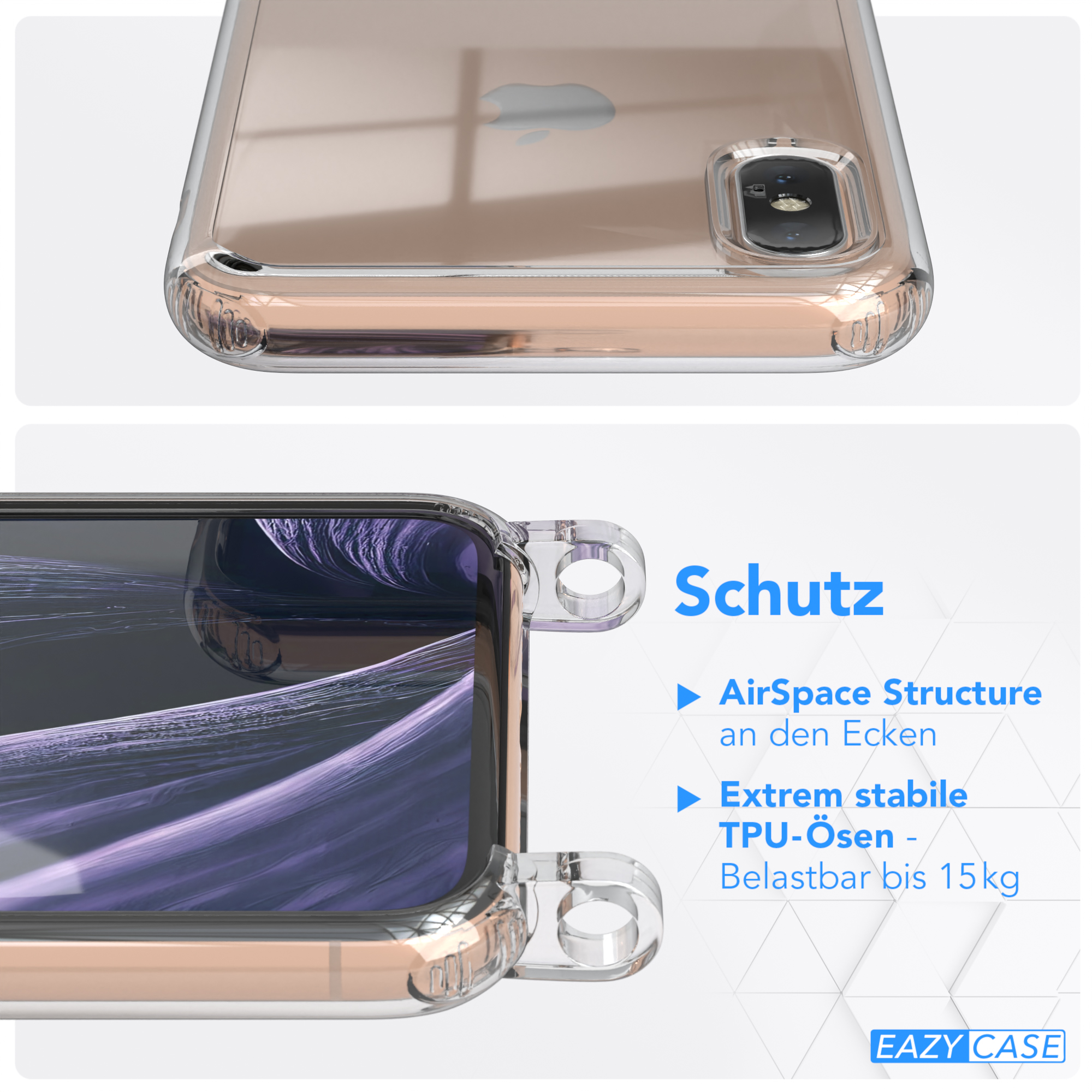 EAZY CASE Transparente Handyhülle mit / Umhängetasche, runder + XS, Flieder Gold X Kordel Karabiner, / iPhone Lila Apple