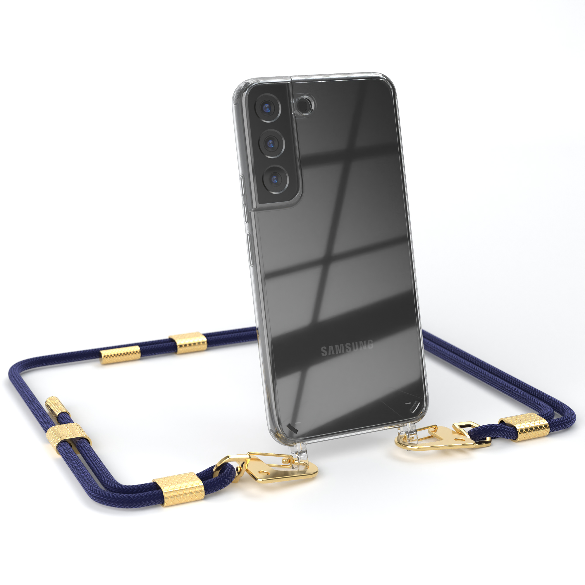 Telefon in Hülle mit dunkelblauem Umhängeband. Das Telefon hat drei Kameras.