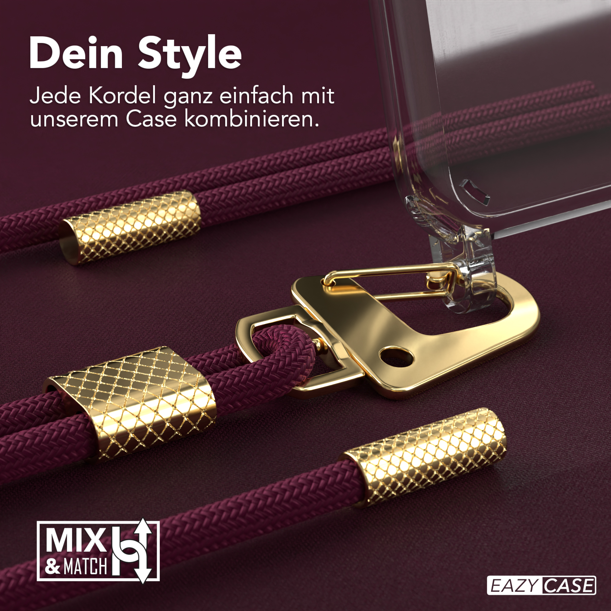 Handyhülle und Kordel. Text: Kordel mit unserer Hülle kombinieren.