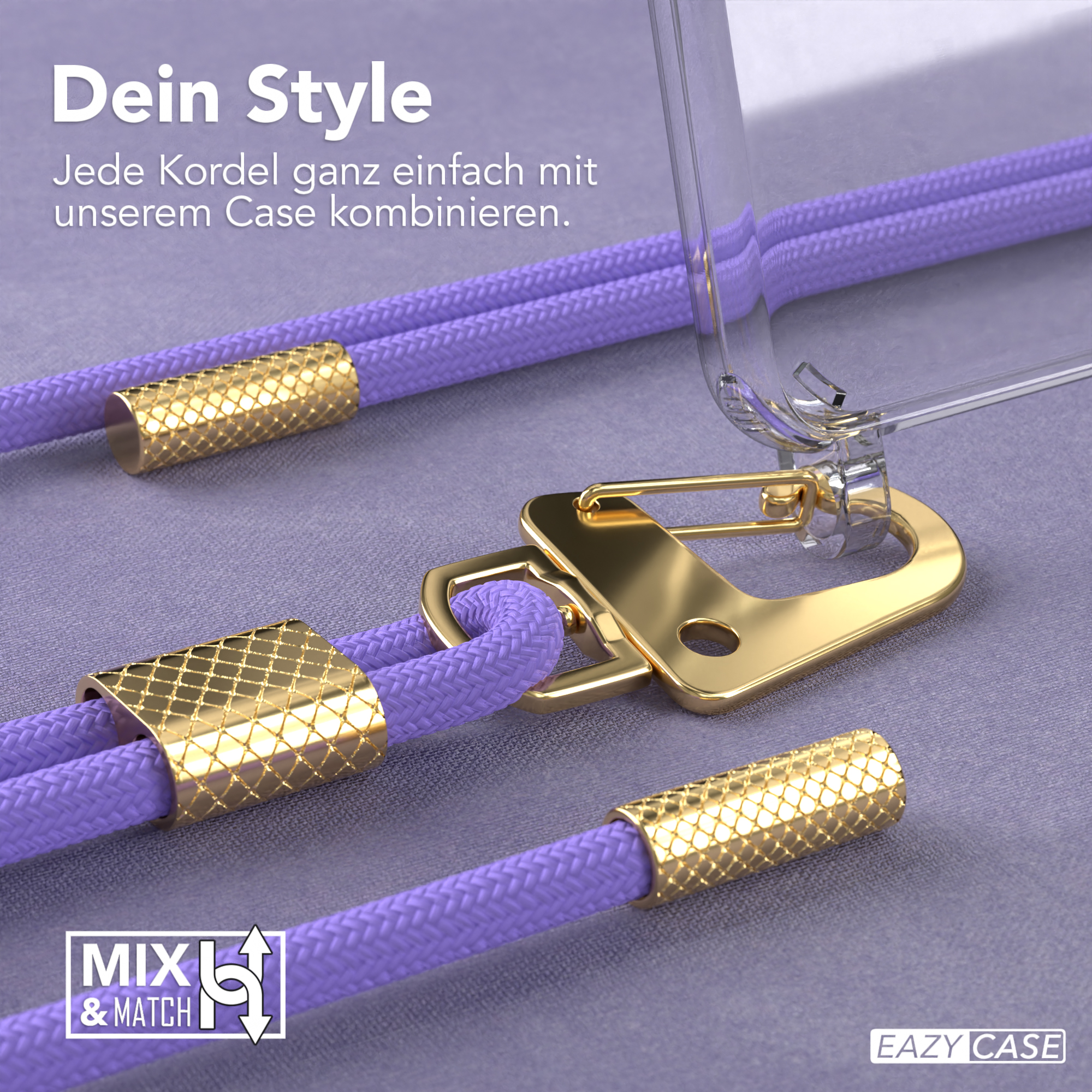 Lila Telefonschnur und goldene Anschlüsse sind an einer transparenten Handyhülle befestigt. Die goldene Hardware glänzt.