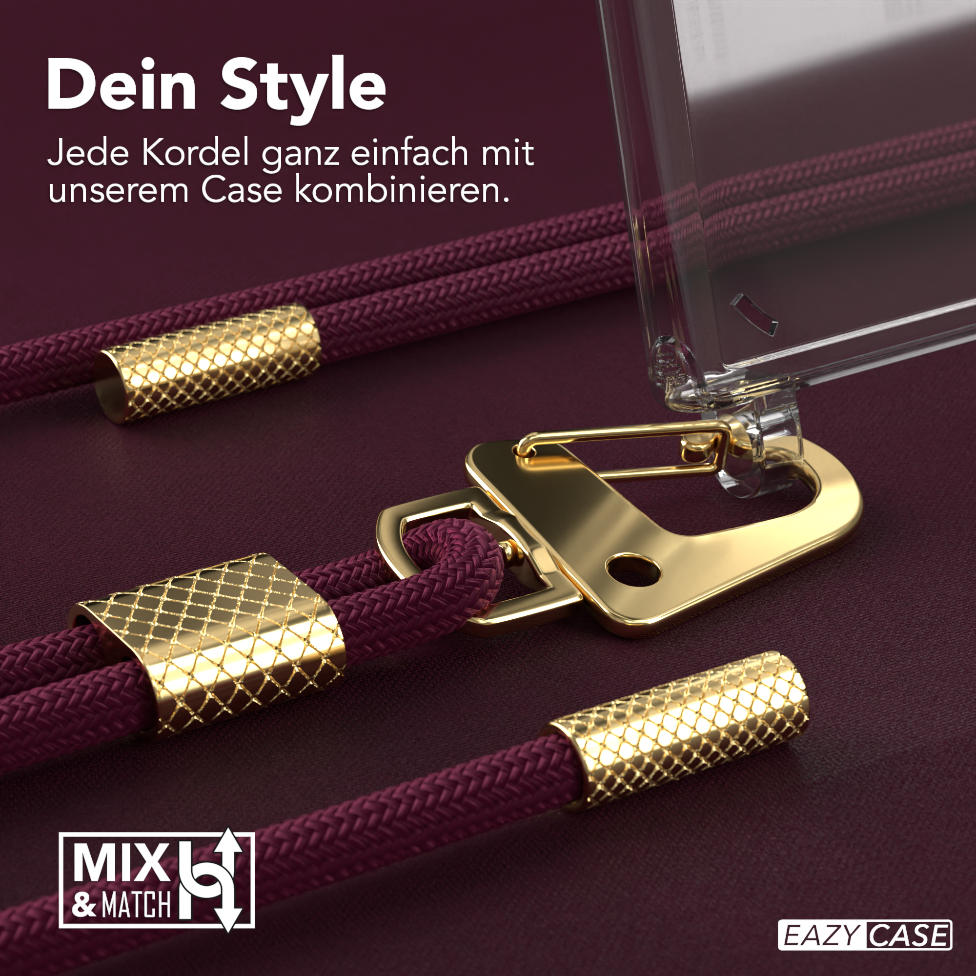 Handyhülle mit Lanyard-Befestigungen und einem Lanyard. Nahaufnahme.