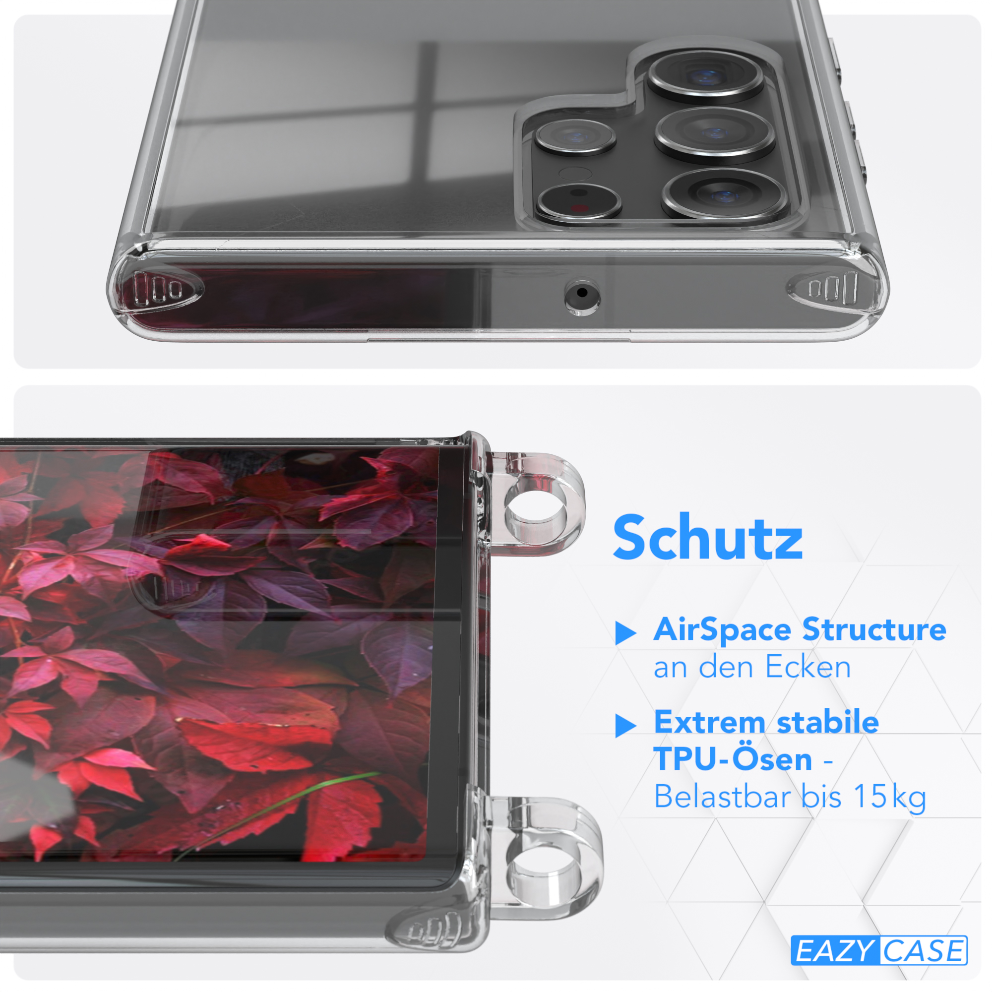 Transparente Handyhülle mit rotem Blätterdesign. Text sagt Schutz und Details.