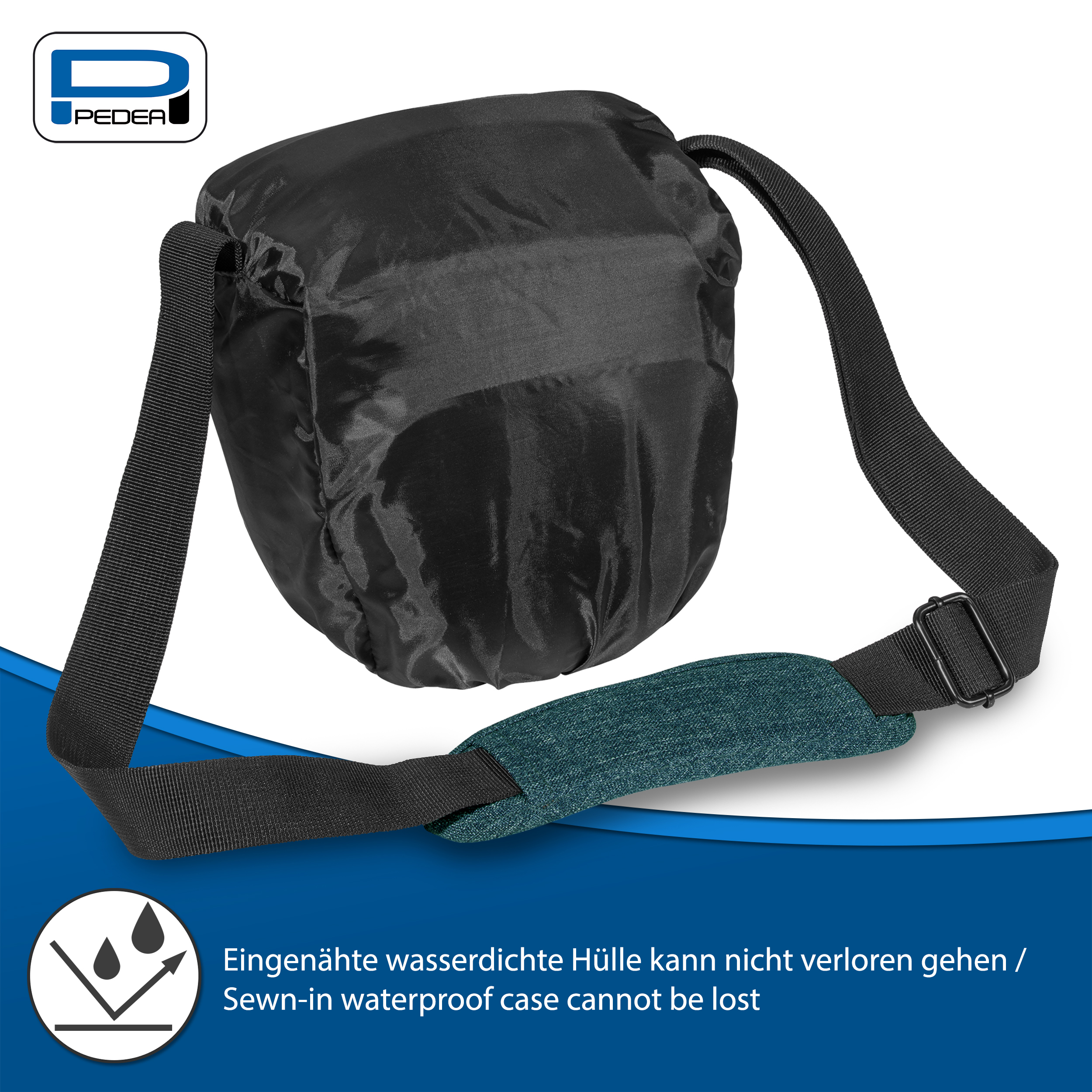 Schwarze Tasche mit Schulterriemen. Die Tasche ist wasserdicht und der Riemen ist grün.