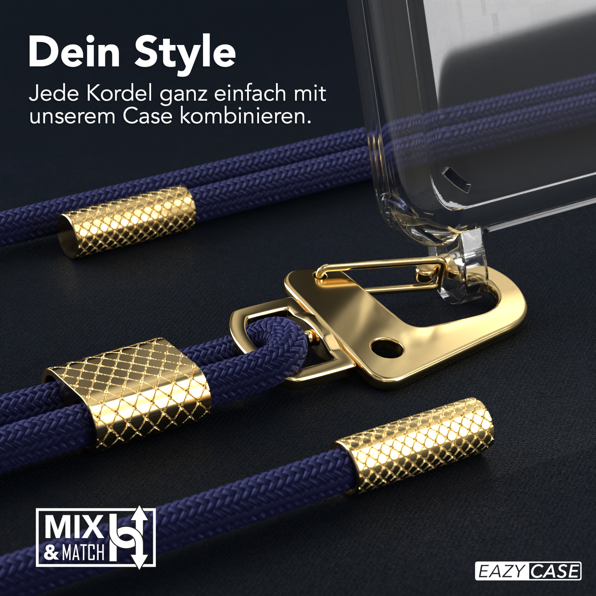 Nahaufnahme eines blauen Seils mit goldenen Akzenten für eine Handyhülle. Text: Dein Style. Eazy Case Logo.