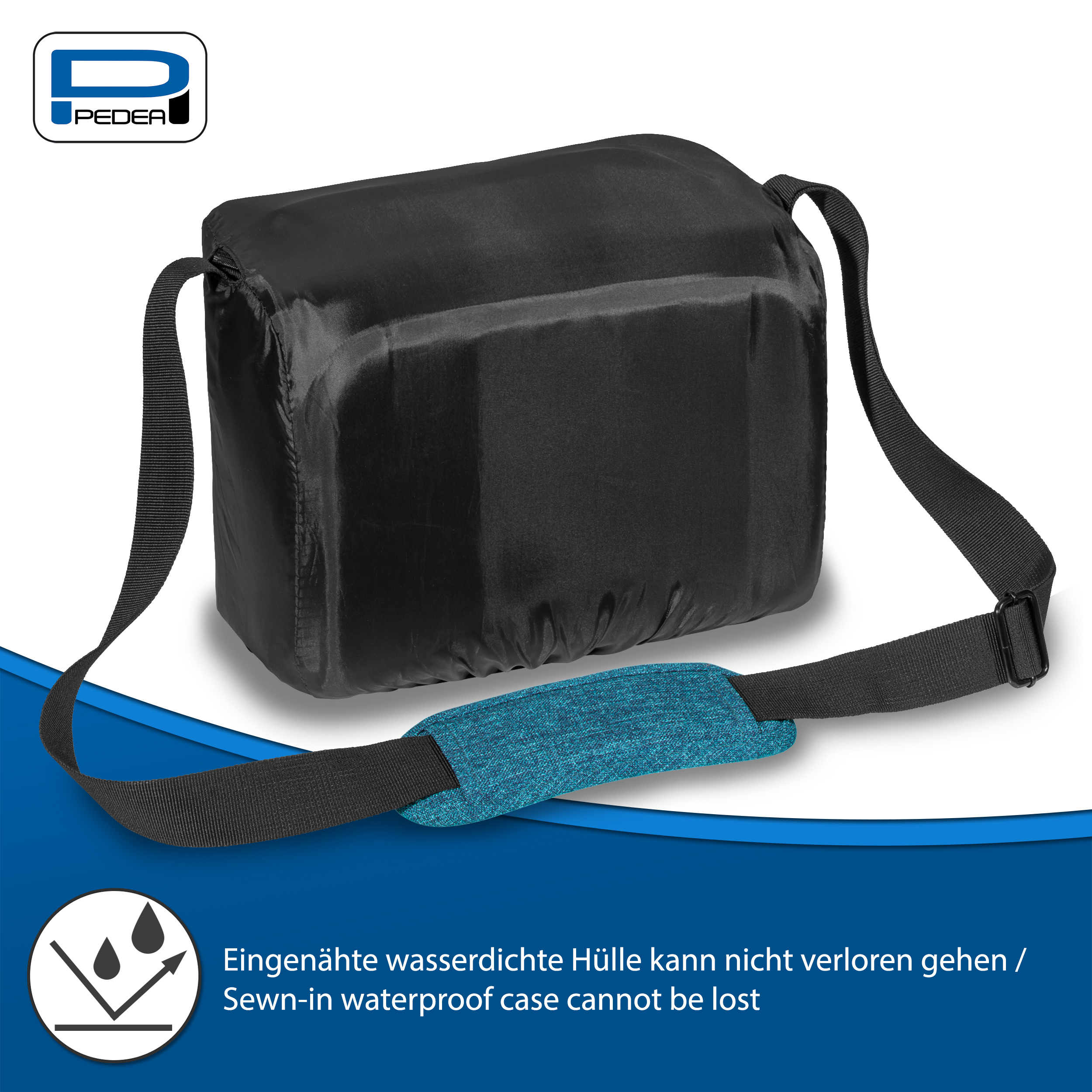 Schwarze Kameratasche mit blauem Gurt und Logo.