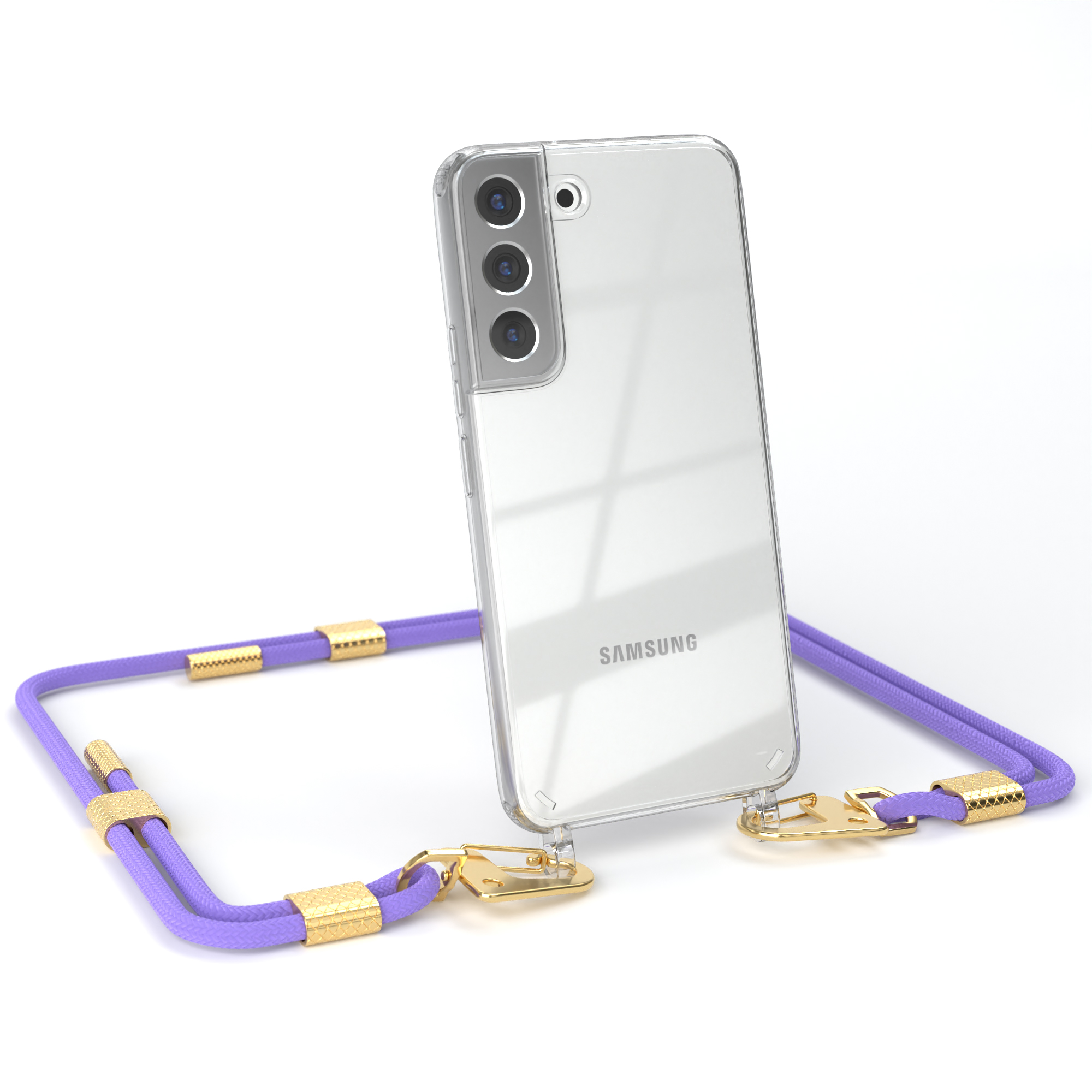 Klares Telefon mit lila Nackengurt. Das Telefon zeigt eine klare Rückseite.