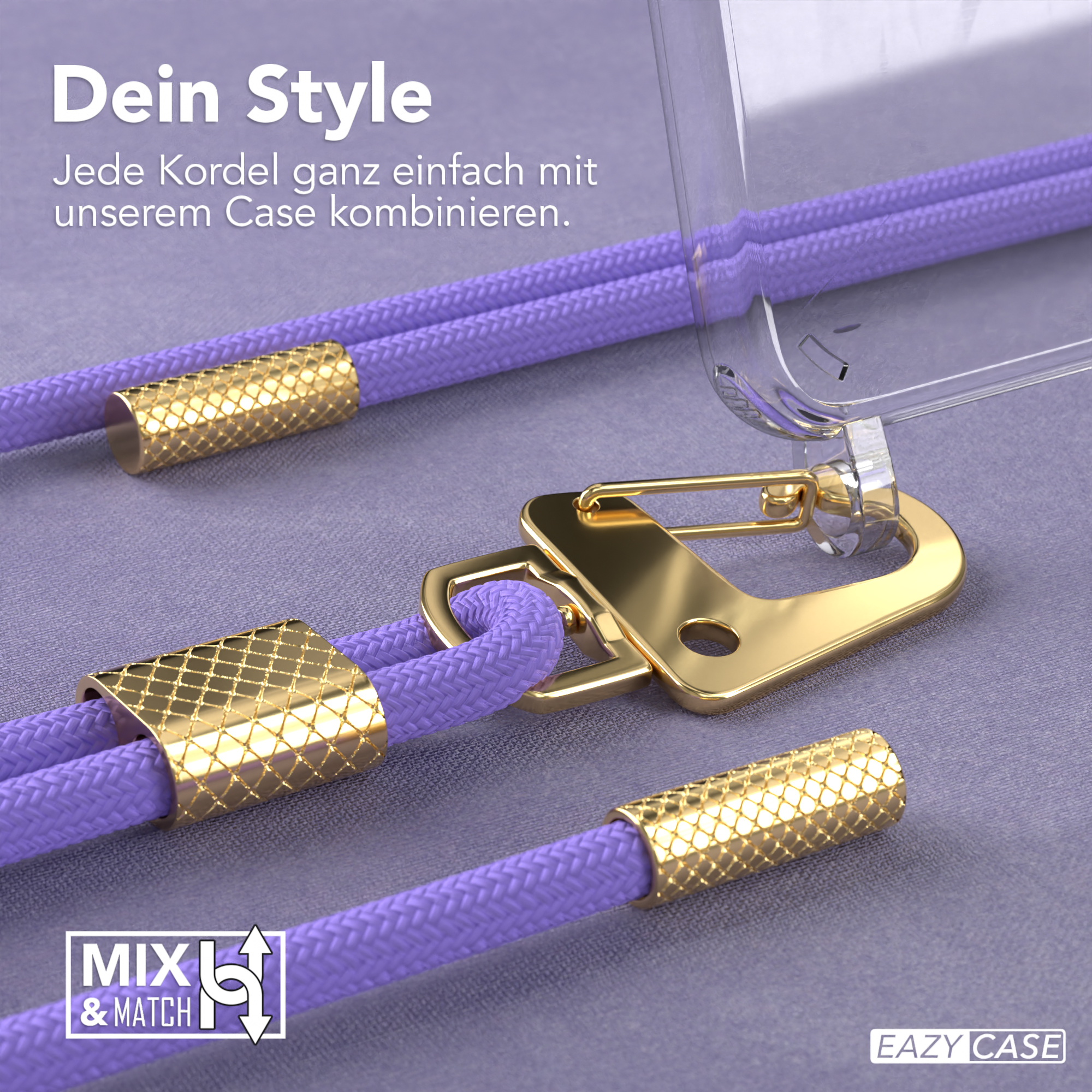 Eine Handyhülle mit lila Kordel und goldenen Akzenten. Text: MIX & MATCH, EAZY CASE.
