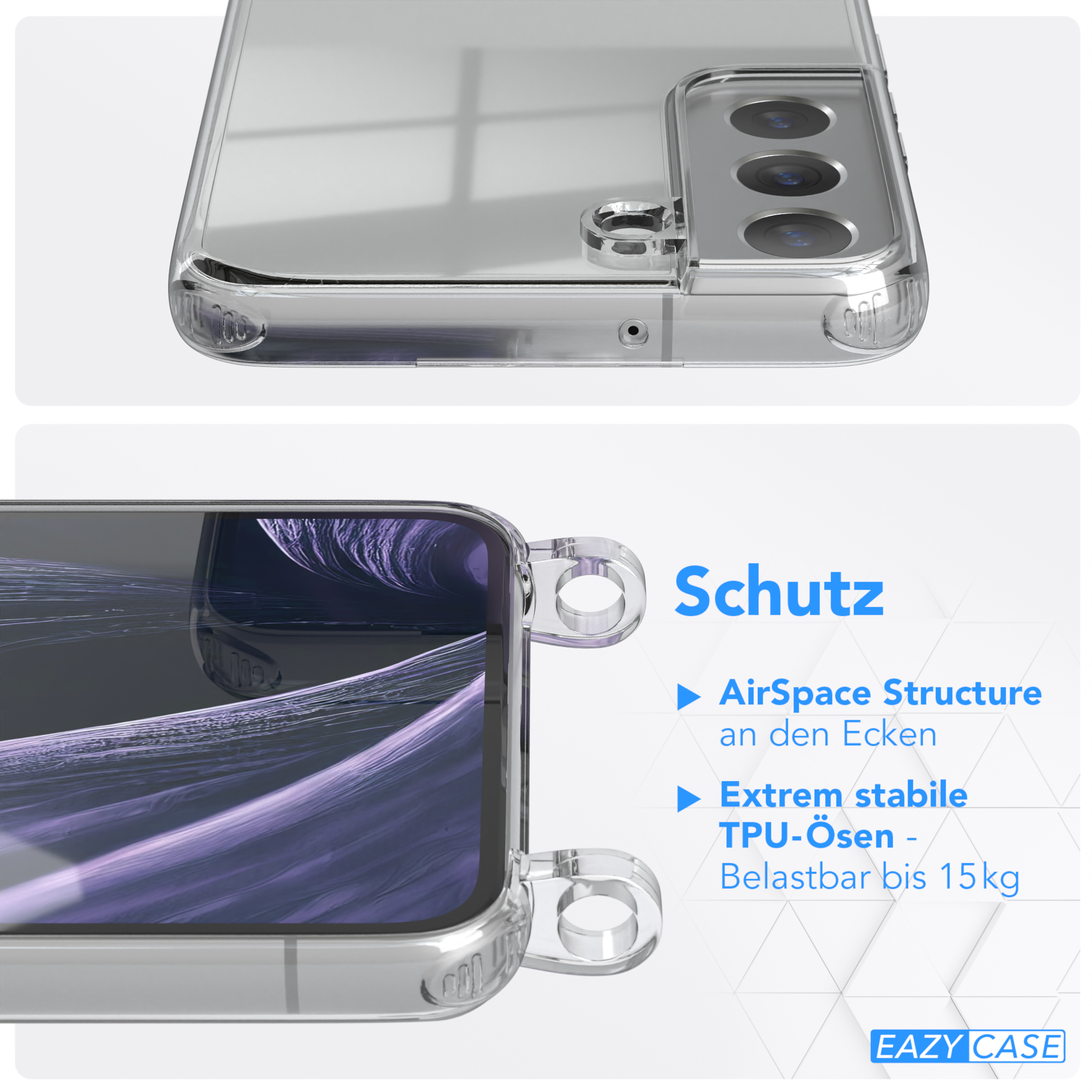 Eine transparente Handyhülle mit Text. Weißer Hintergrund.
