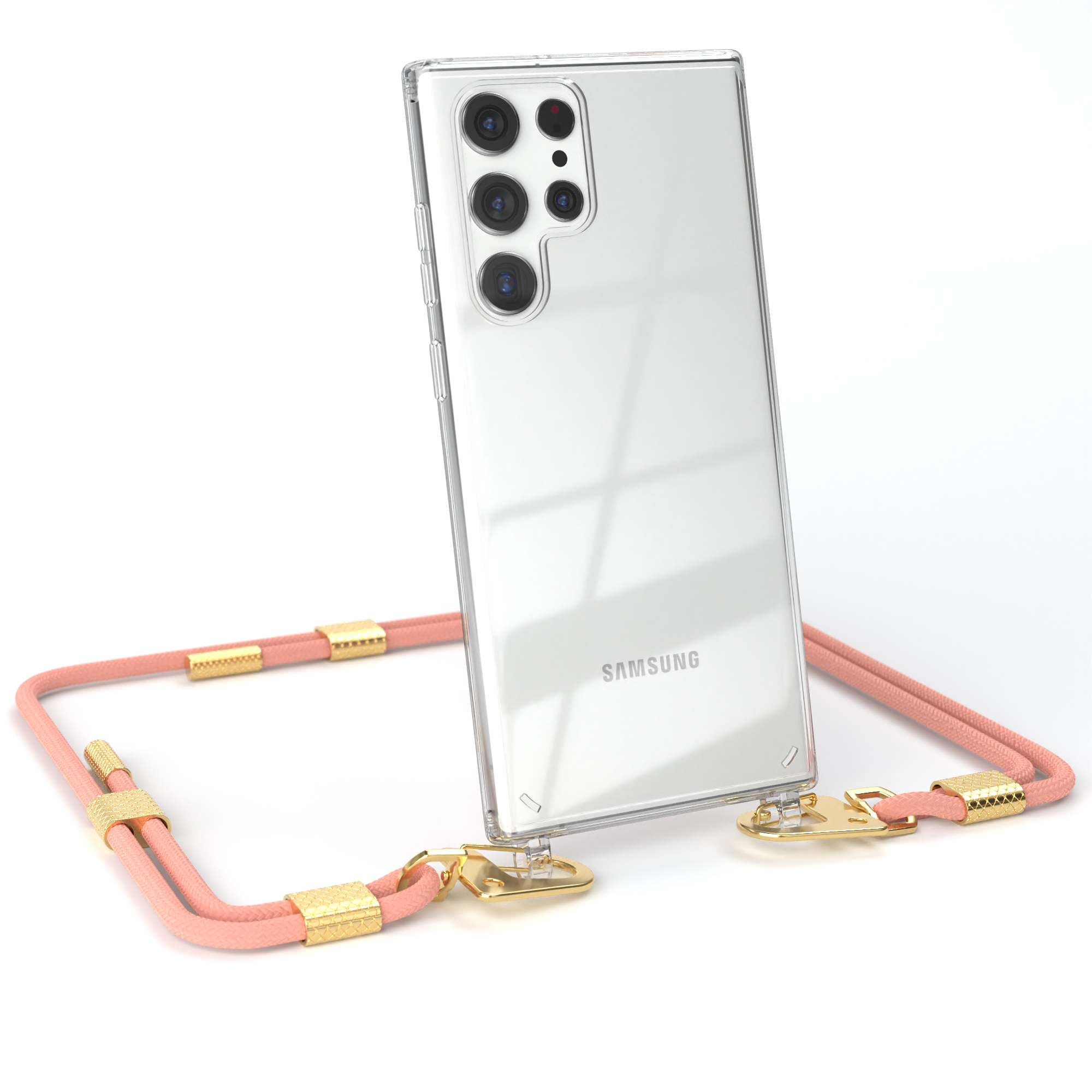 Transparente Handyhülle mit pinkfarbenem Umhängeband und transparentem Telefon.
