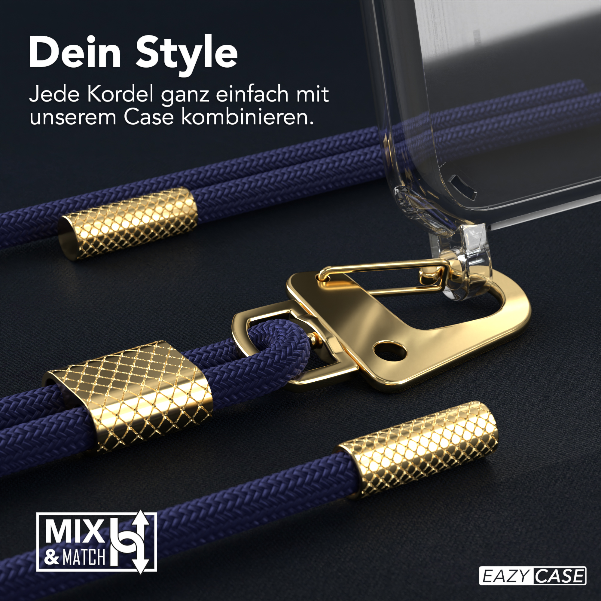 Ein gold-blaues Kordel-Handyband mit einer transparenten Handyhülle, die einen goldenen Verschluss zeigt.