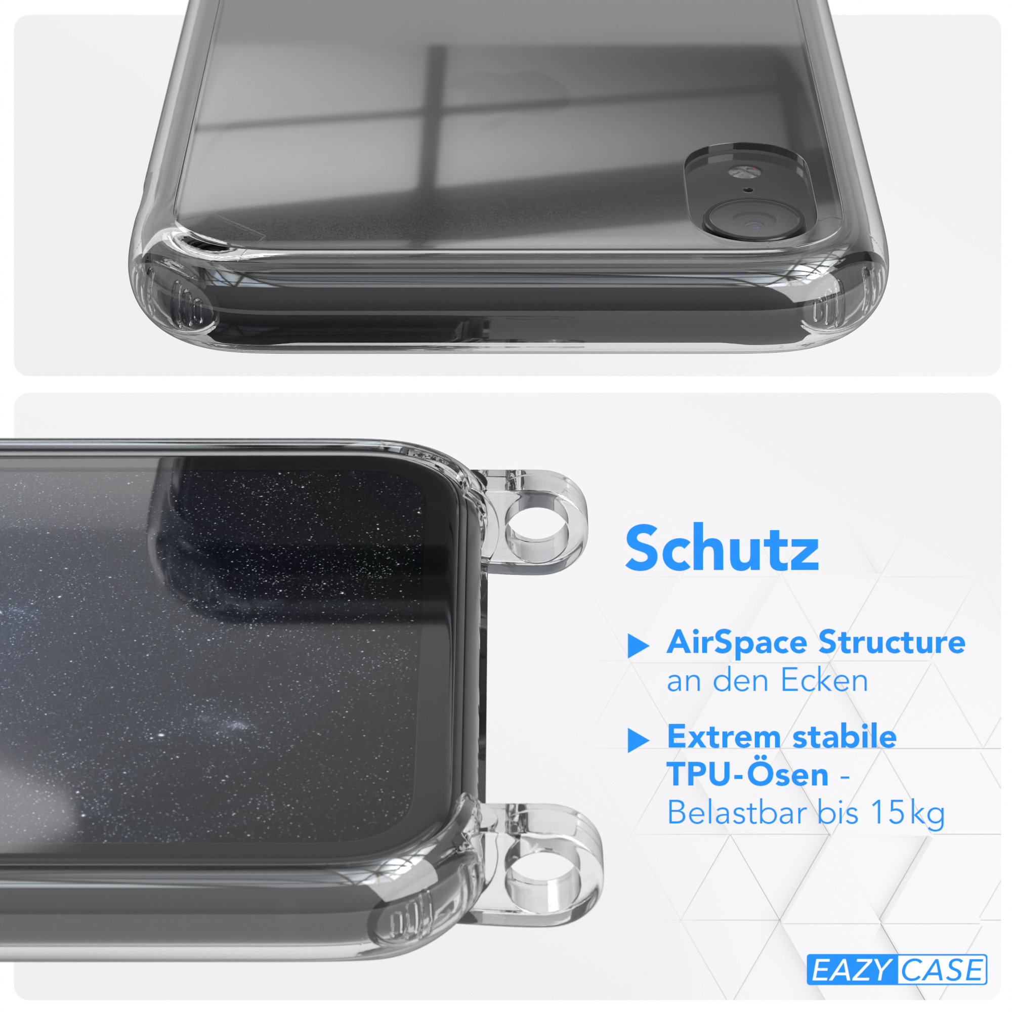 EAZY CASE Transparente runder Nachtblau iPhone / Gold Kordel mit Apple, Karabiner, Handyhülle Umhängetasche, XR, 