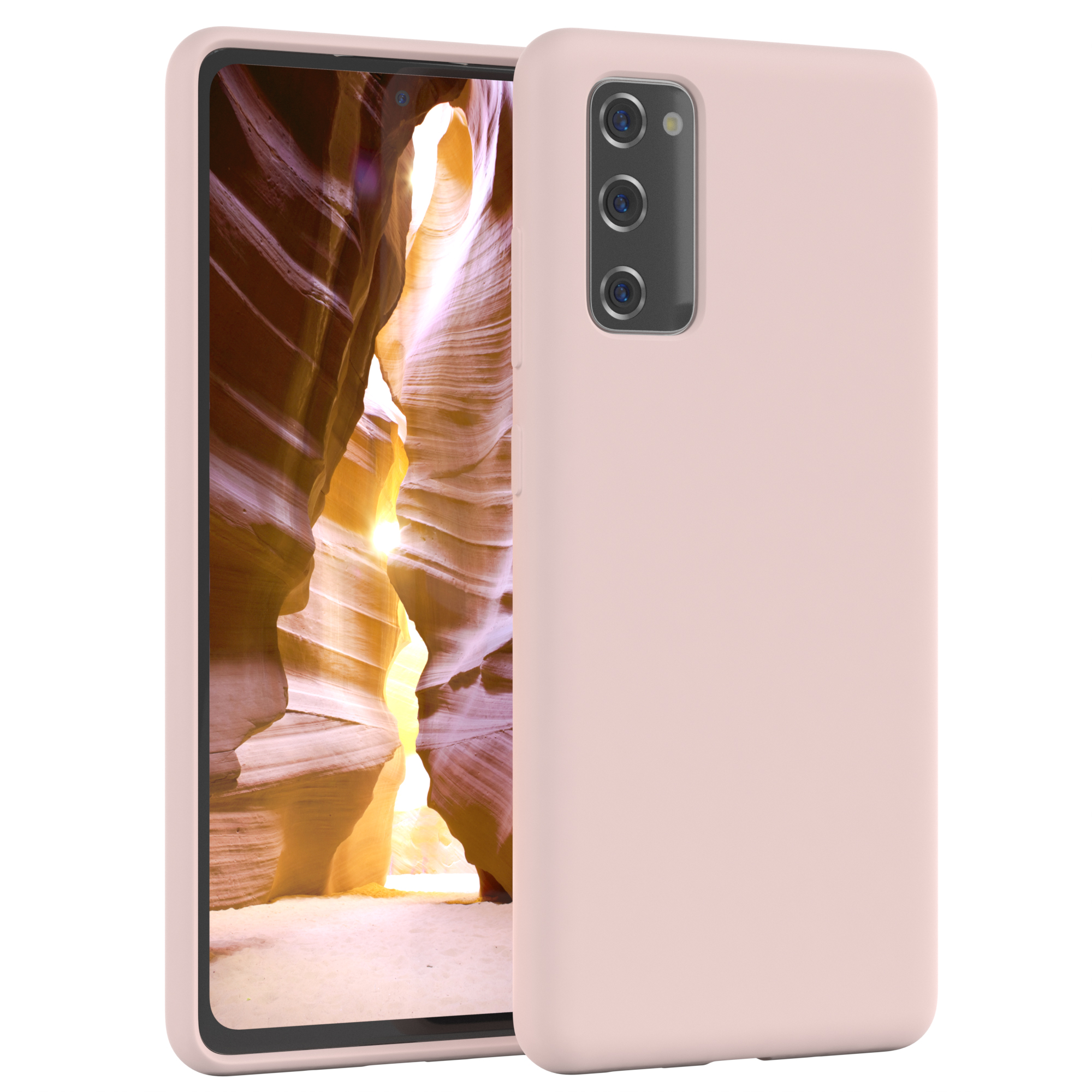 Rosafarbene Handyhülle mit Telefon darin. Der Hintergrund ist ein Canyon.