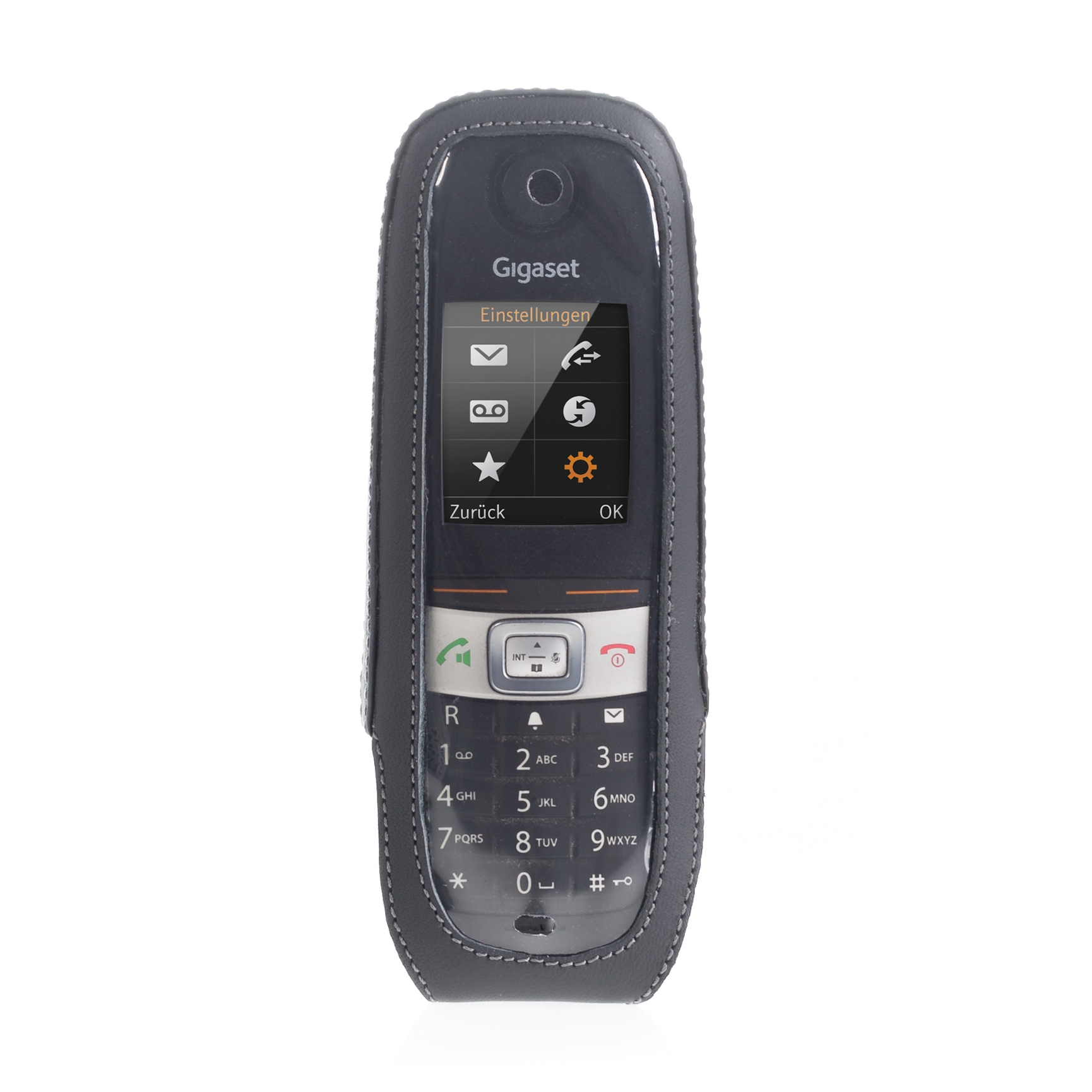 Ein schwarzes Telefon in einer grauen Lederhülle mit einem Bildschirm, der Optionen anzeigt.