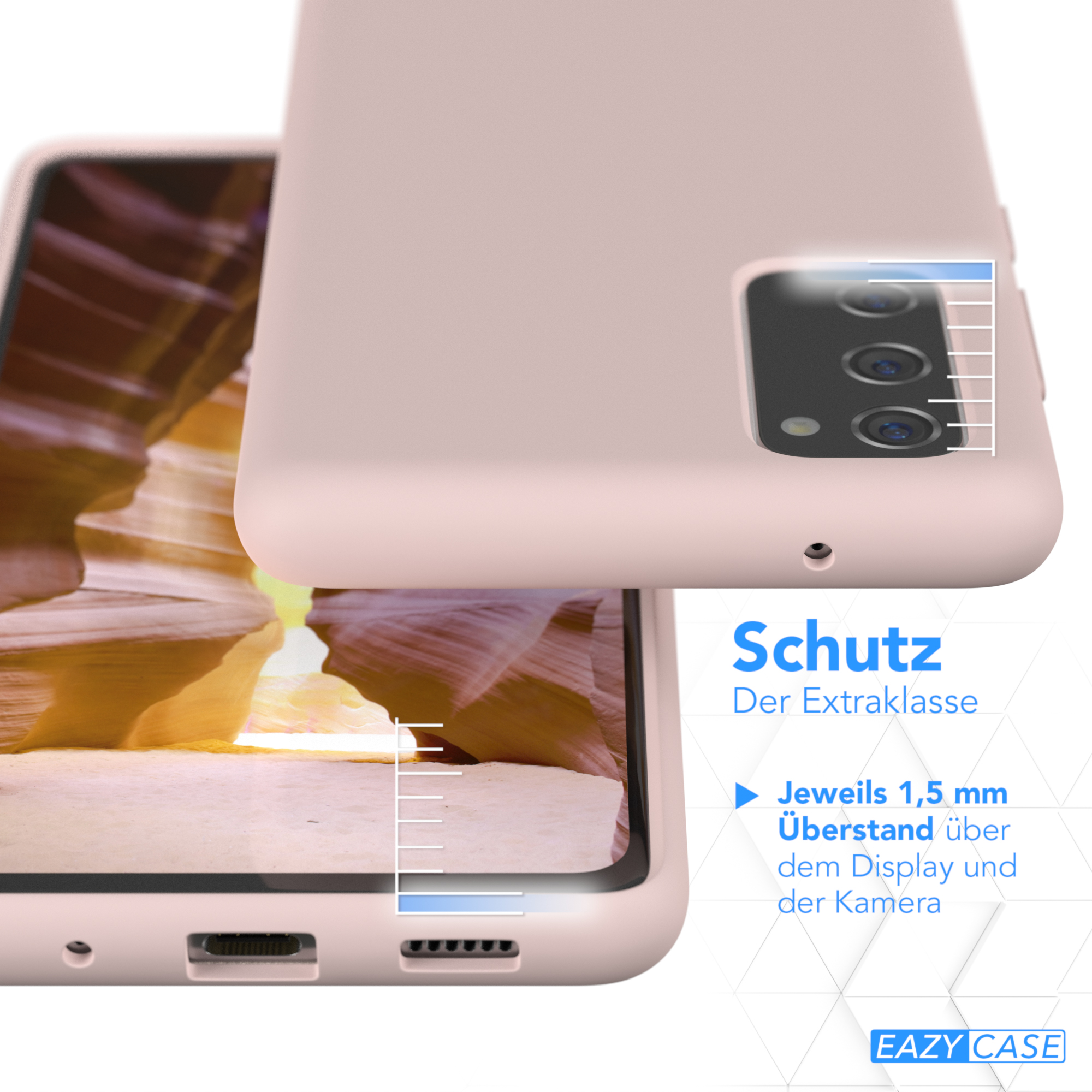 Rosa Handyhülle mit einem Handy darin. Details zur Kamera werden gezeigt.