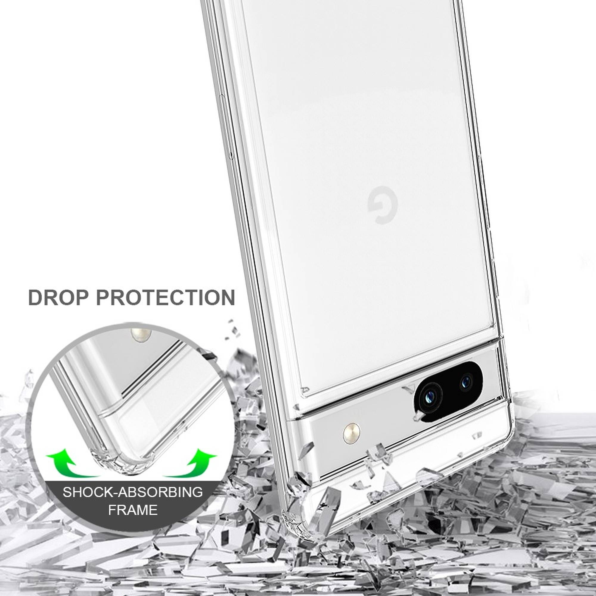 Transparente Handyhülle auf zersplitterter Oberfläche, Fallschutz. Telefon und Rahmendetail.