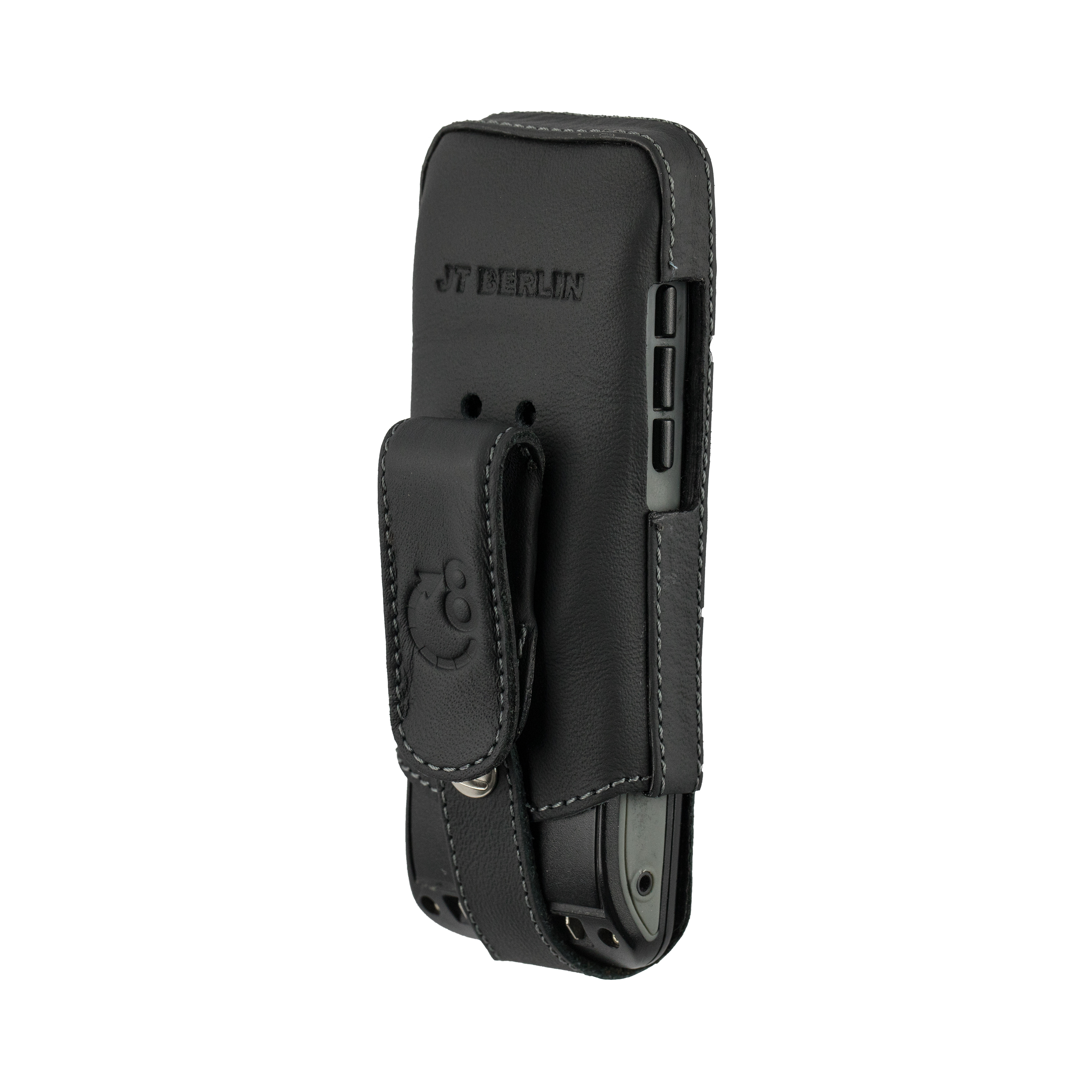 Schwarze Handyhülle mit Gürtelclip. Lederstruktur mit Nähten.