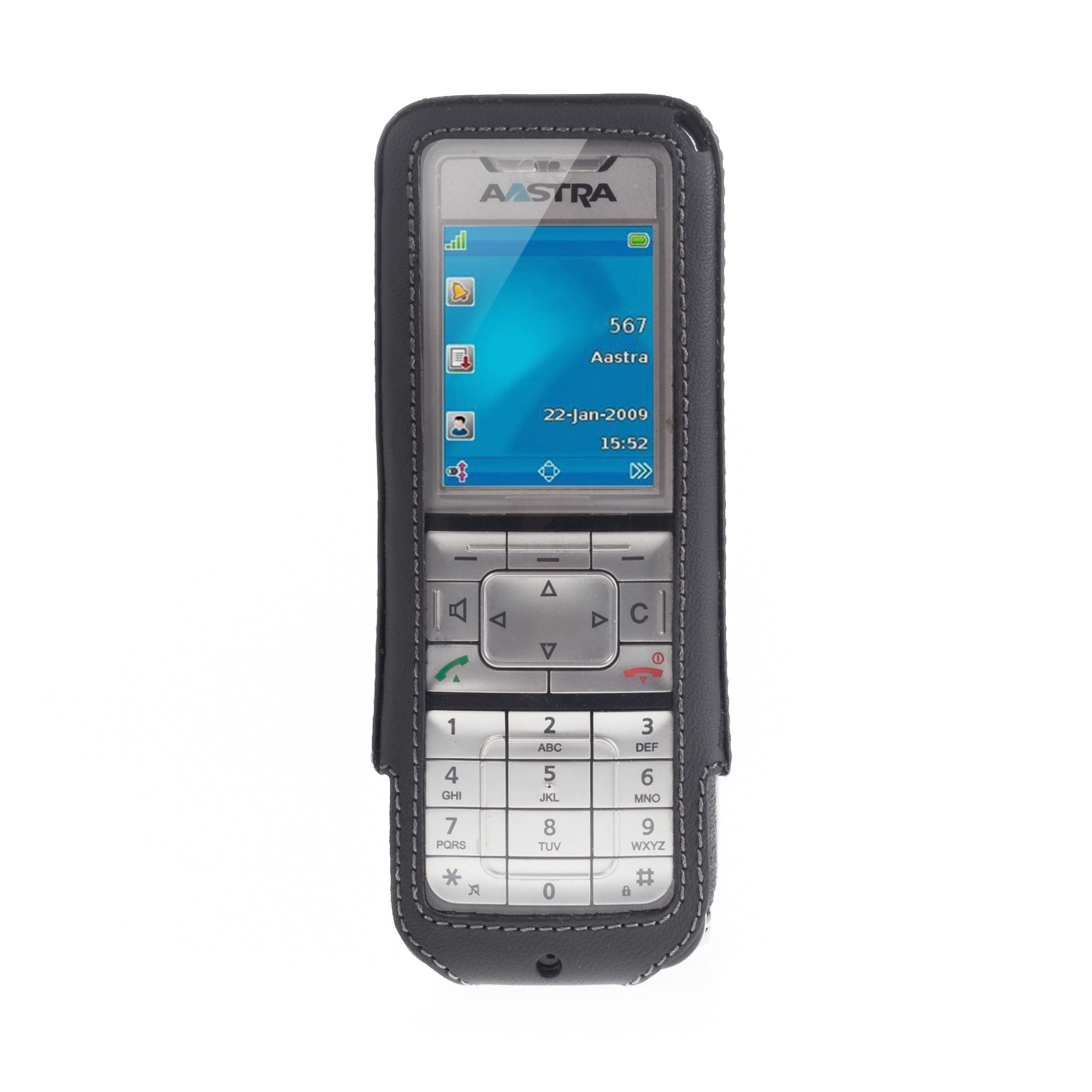 Schwarzes Telefon in einer schwarzen Hülle, das einen Bildschirm mit Informationen zeigt. Weißer Hintergrund.
