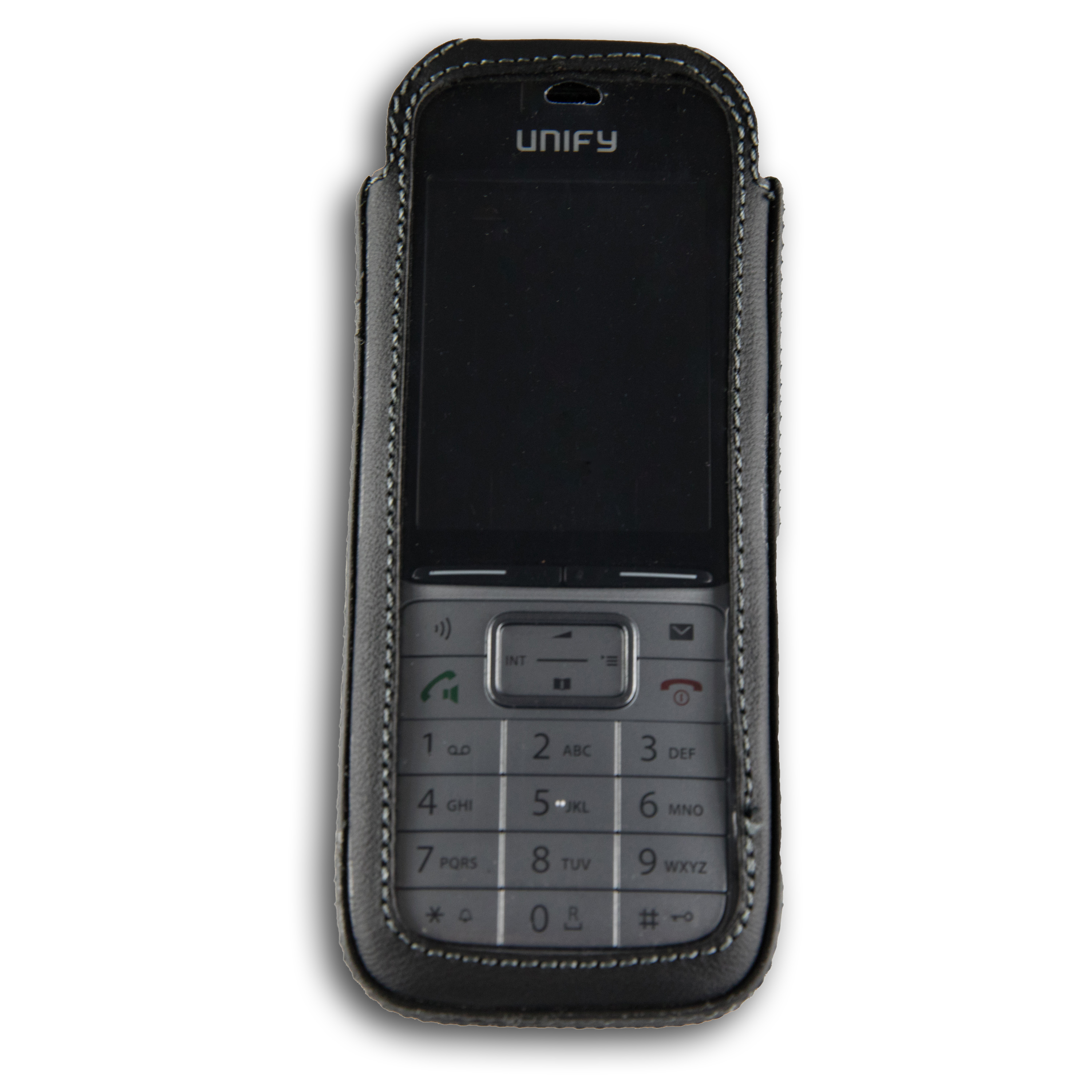 Ein schwarzes Telefon in einer schwarzen Lederhülle. Das Wort "UNIFY" ist auf dem Telefon sichtbar.