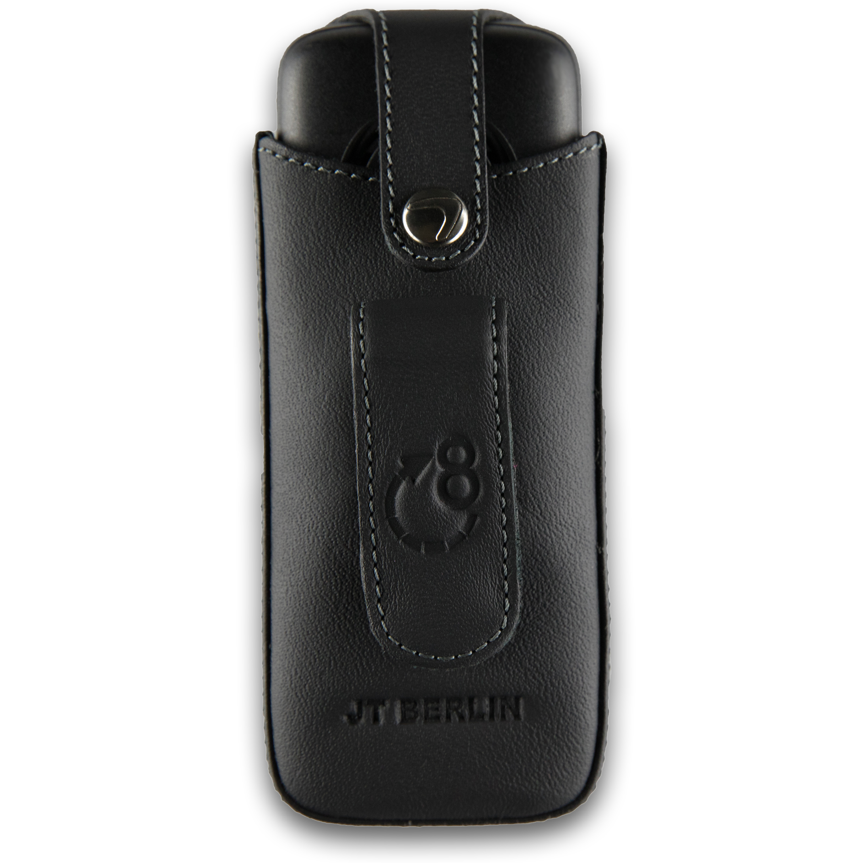 Eine schwarze Ledertasche für einen Vape Pen, mit Nähten und einem Logo.