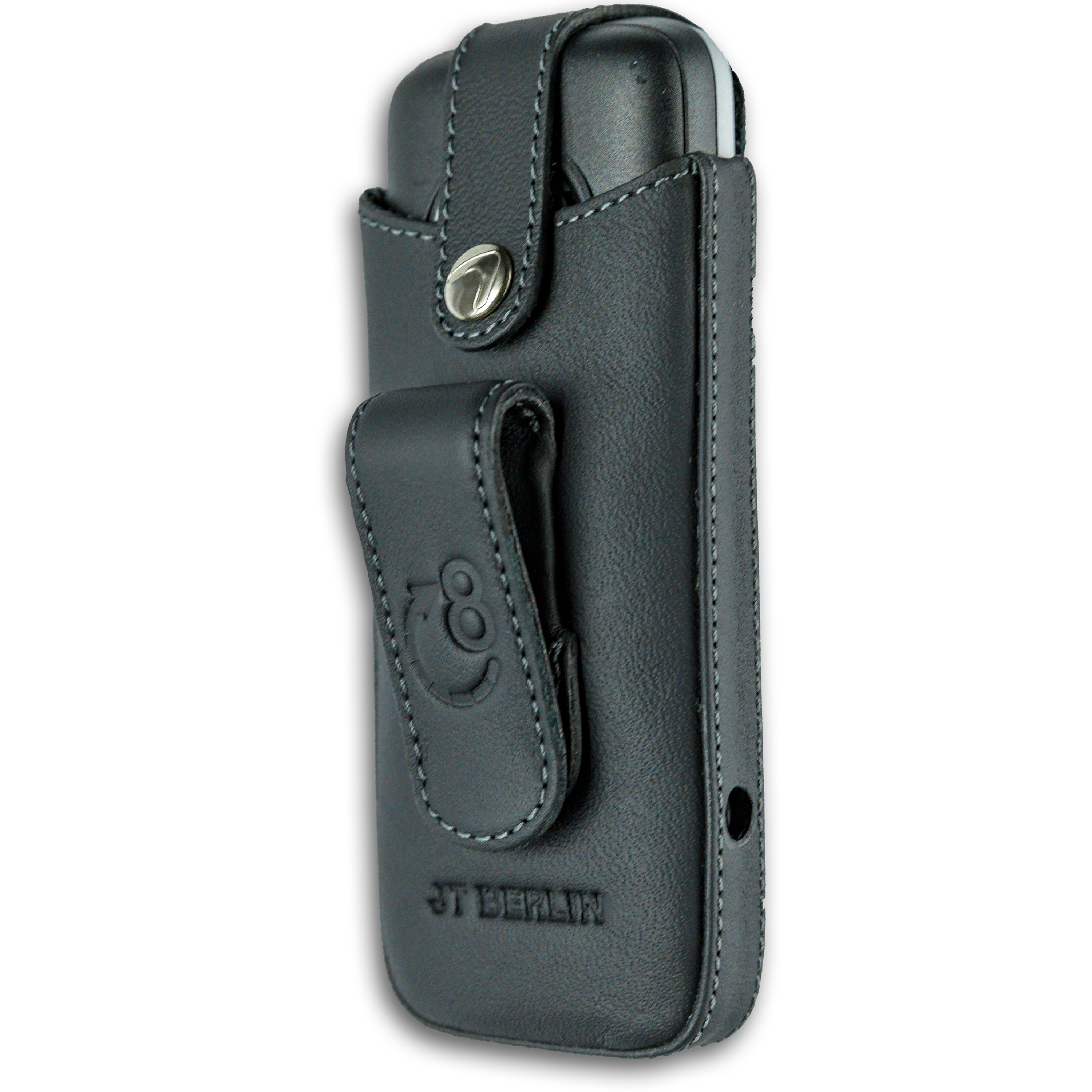 Schwarze Handyhülle mit Gürtelclip, JT Berlin Logo.