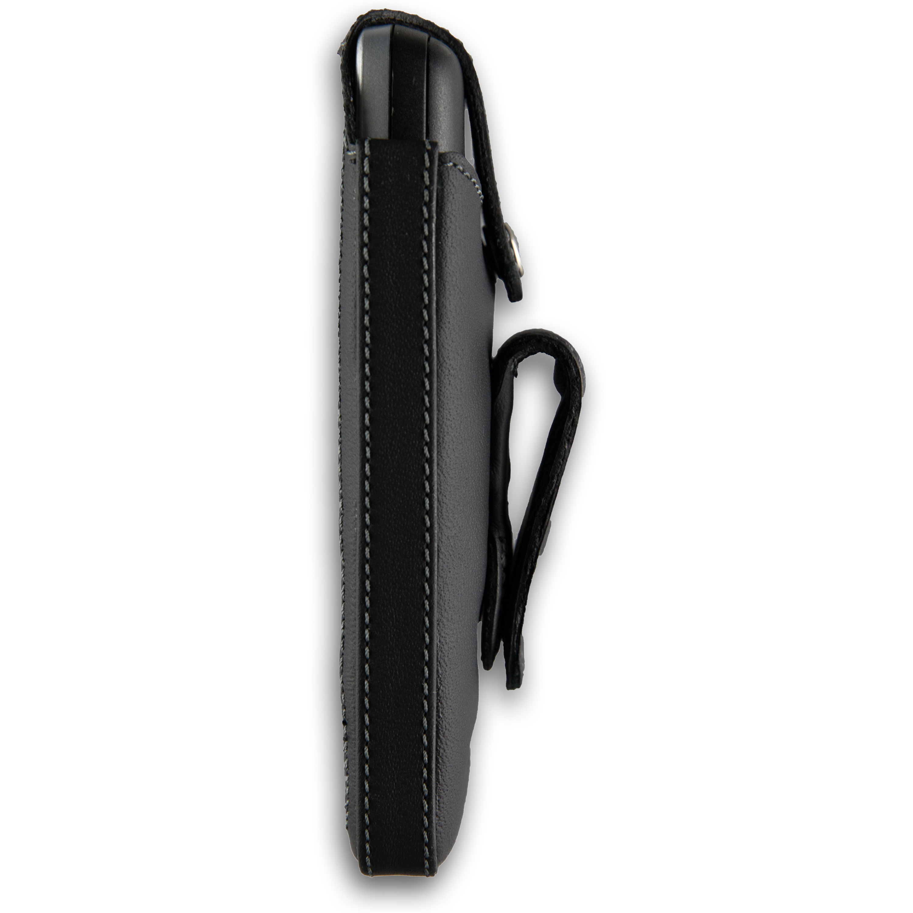 Eine schwarze Handyhülle mit Gürtelclip, Seitenansicht.