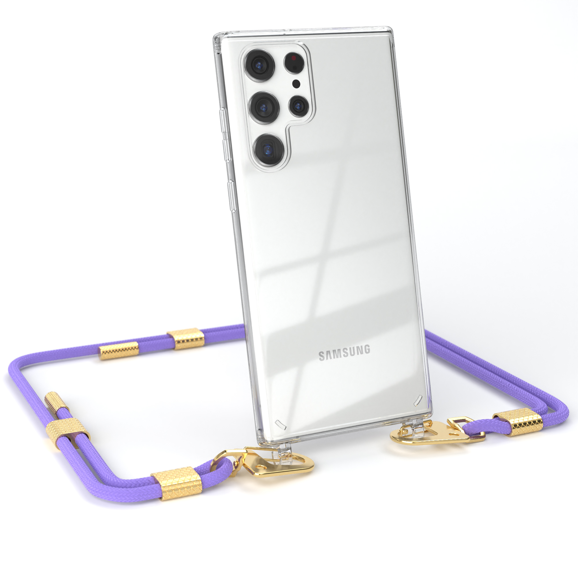Klares Telefon mit Lanyard. Der Hintergrund ist weiß.