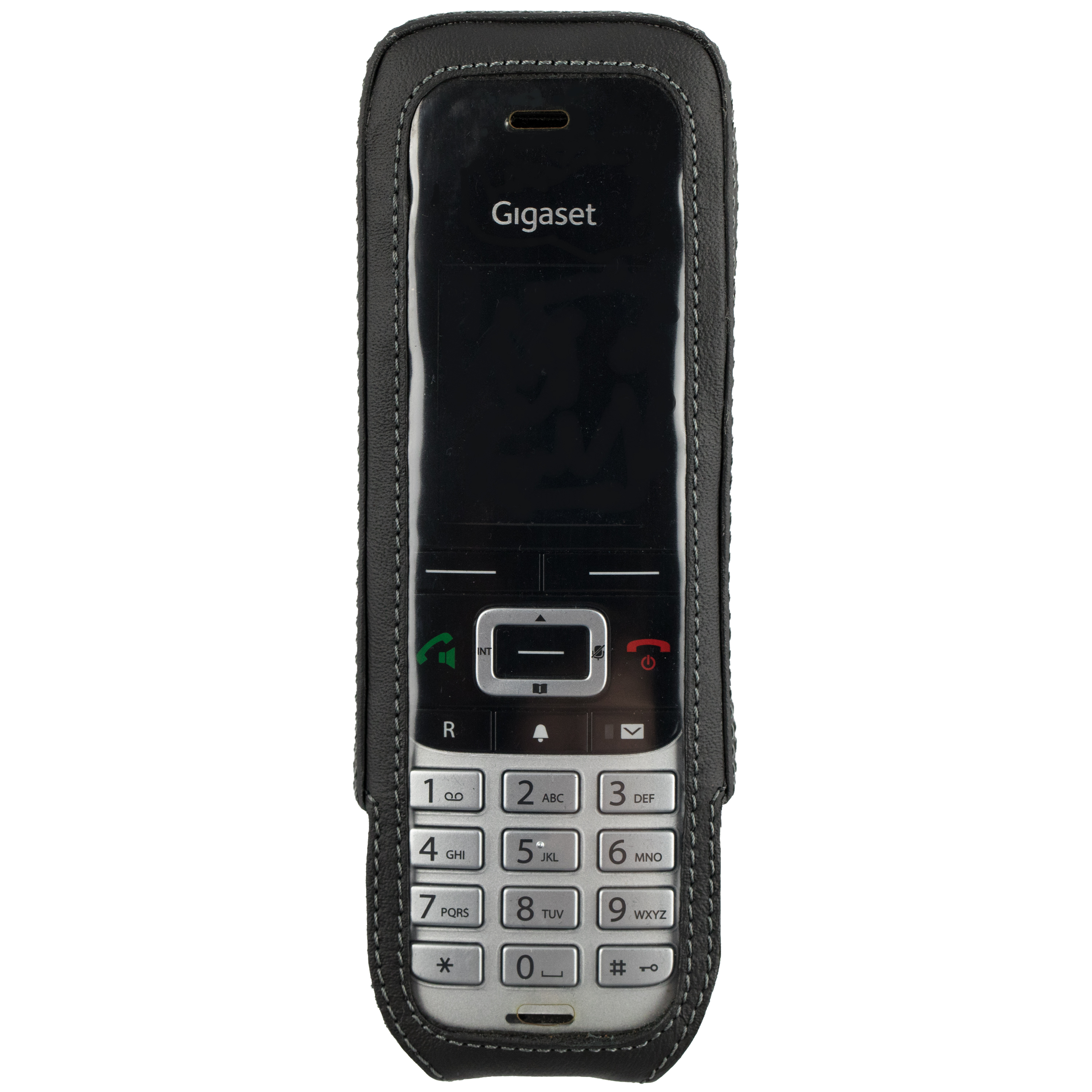 Schwarzes Gigaset Telefon in schwarzer Lederhülle. Silberne Tastatur.