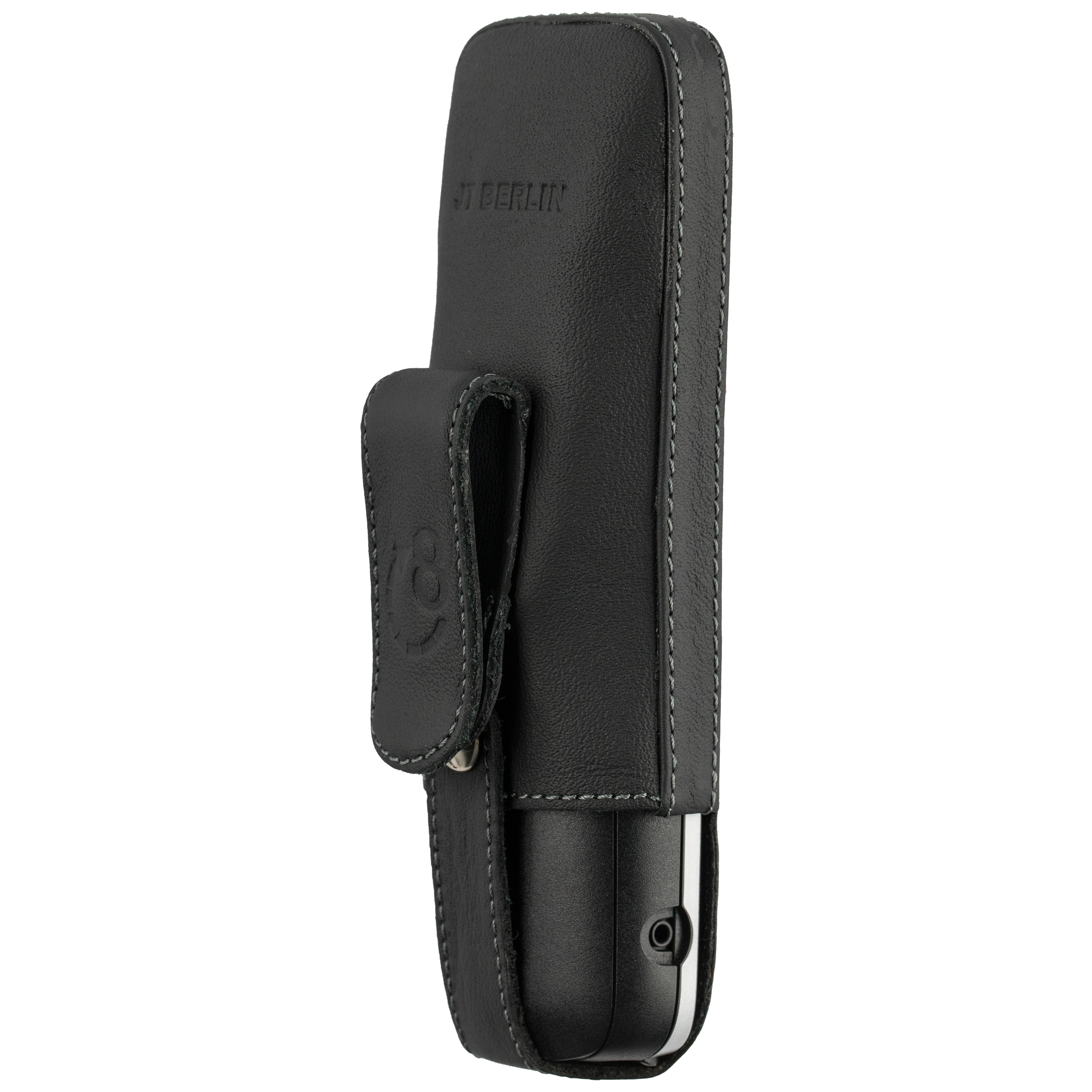 Schwarze Leder-Handyhülle mit Gürtelclip, mit dem Logo 'ST BERLIN'.