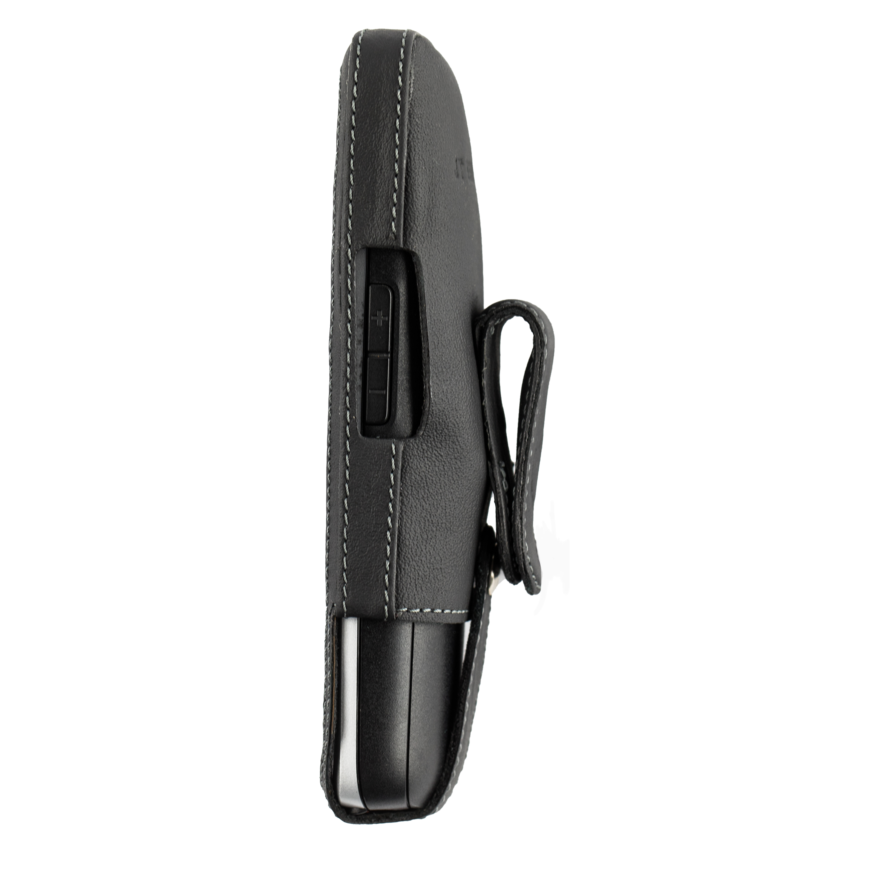 Schwarze Handyhülle mit Gürtelclip. Das Telefon befindet sich in der Hülle.