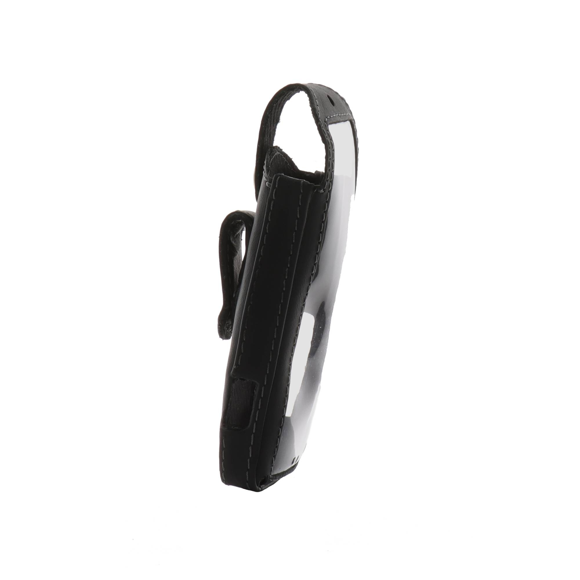 Schwarze Leder-Handyhülle mit Seitenansicht.