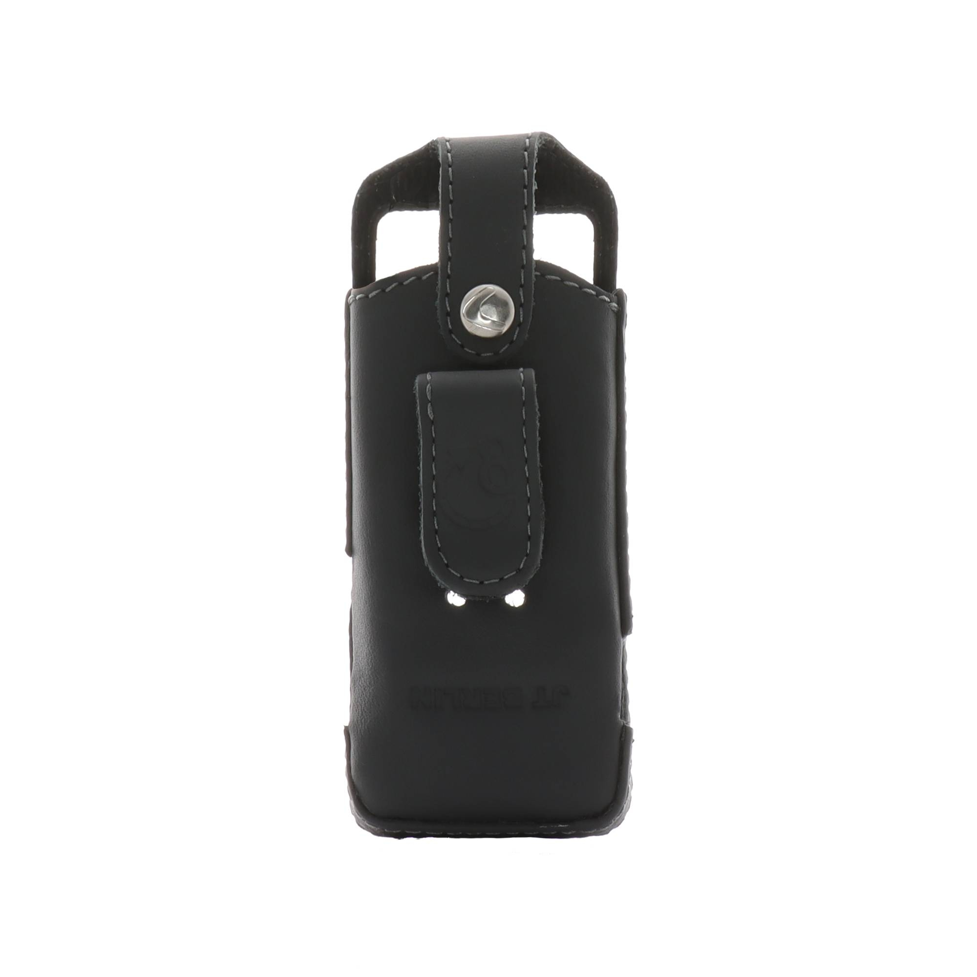 Eine schwarze Handyhülle mit Gürtelclip. Das Gehäuse besteht aus Leder und hat einen Knopfverschluss.