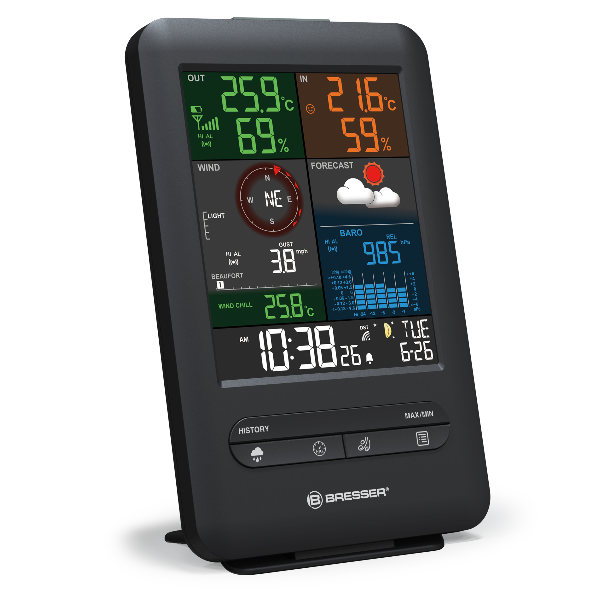 Eine schwarze Wetterstation, die Temperatur, Luftfeuchtigkeit, Wind, Vorhersage und Uhrzeit anzeigt.