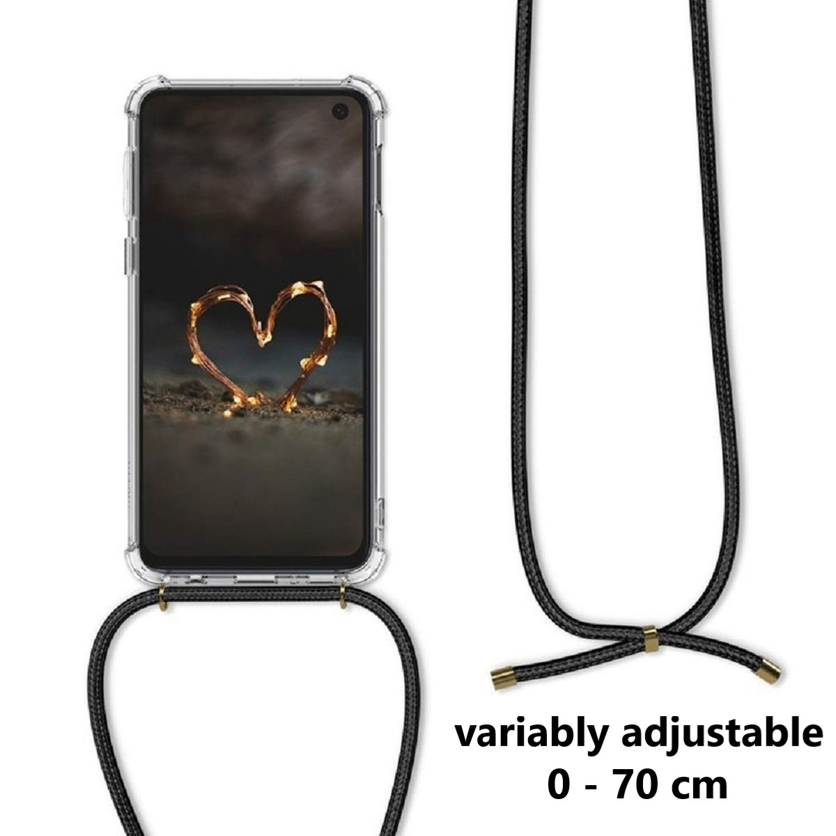 Transparente Handyhülle mit Kordel und Telefon, das ein herzförmiges Licht zeigt.