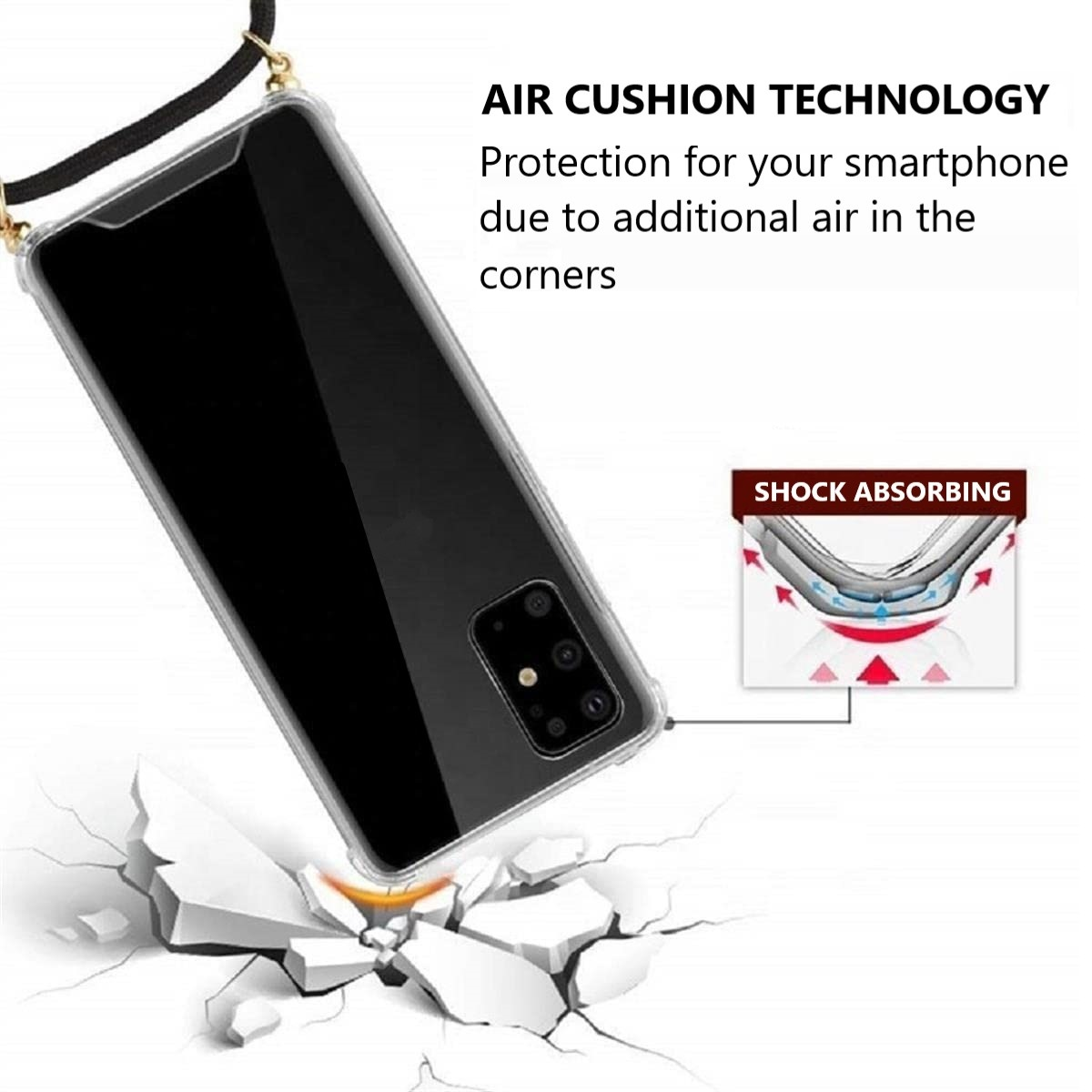 Ein Telefon in einer Hülle mit einem stoßdämpfenden Bild. Text über Air Cushion Technologie.