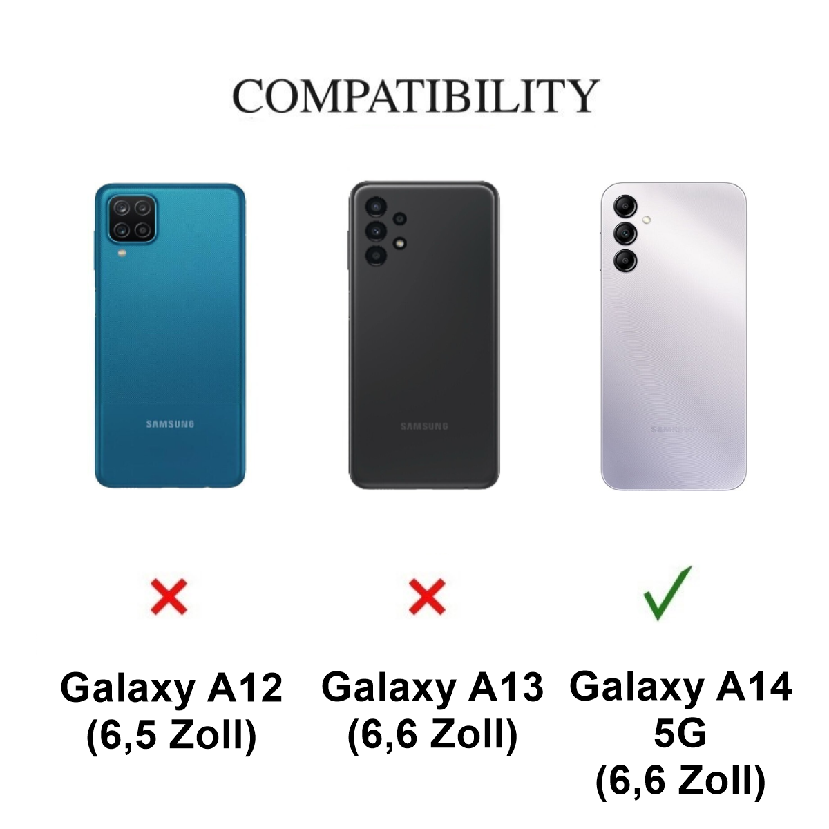 Drei Telefone. Oben: Galaxy A12, nicht kompatibel. Mitte: Galaxy A13, nein. Unten: Galaxy A14, ja.